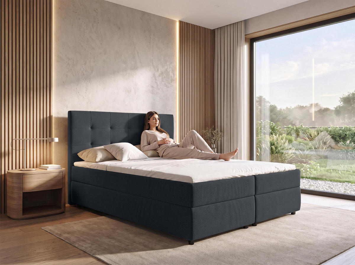 BOXBETT SAKARYA 160x200 cm mit Bettkasten und Matratze - Schwarz + TOPPER - Schwarz, Holz/Holzwerkstoff (160/200cm) - AX Living