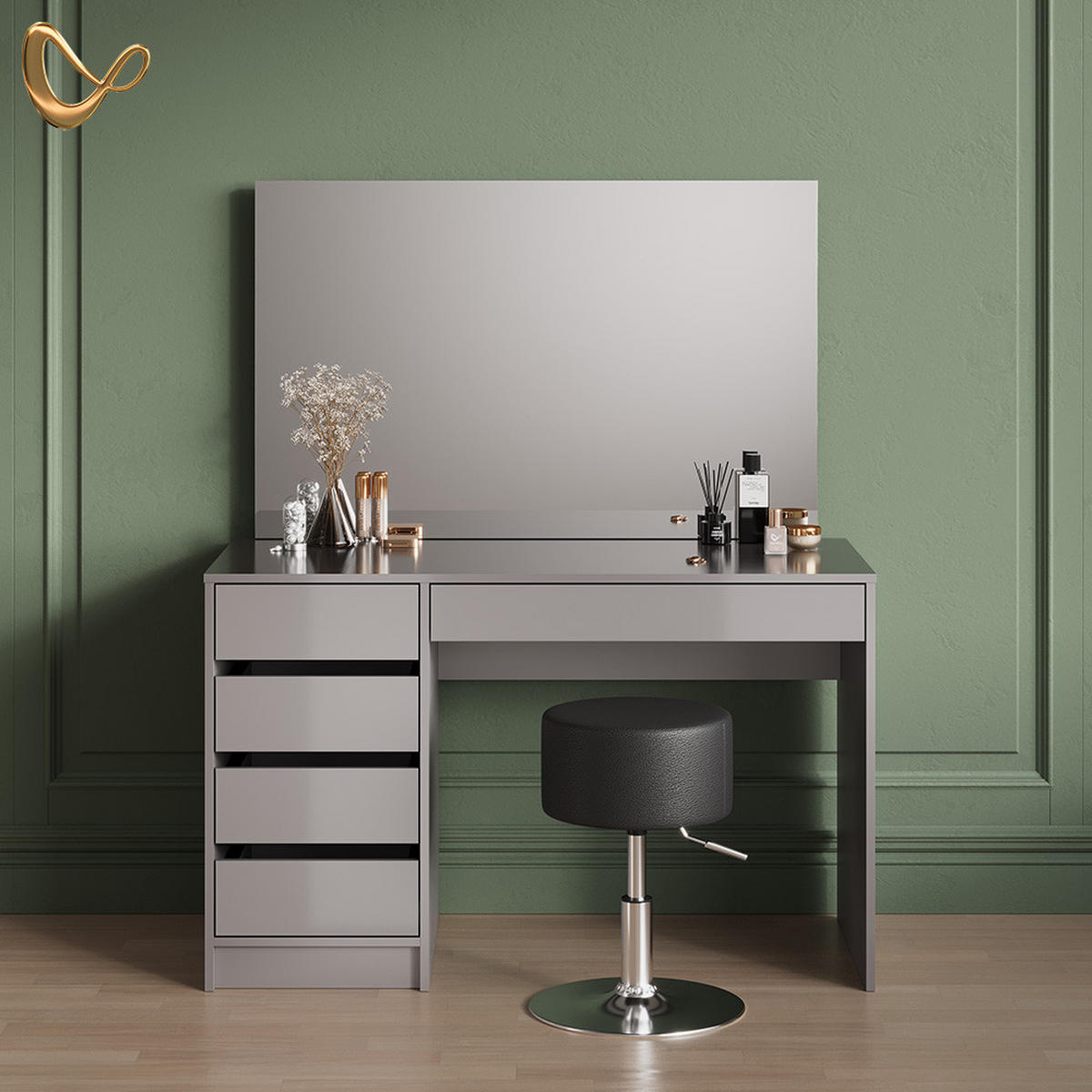 SCHMINKTISCH-SET Imola Grau 120 cm mit Hocker - Grau, Holzwerkstoff (120/75/55cm) - Livinity®