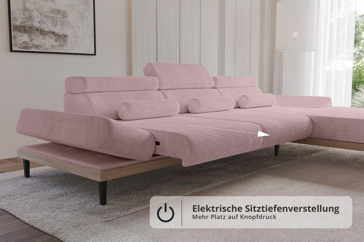 ELEKTRISCHES ECKSOFA Rechts MONA 316x205x85 Rosa Cord - Rosa, Holzwerkstoff/Textil (316/205cm) - ALTDECOR