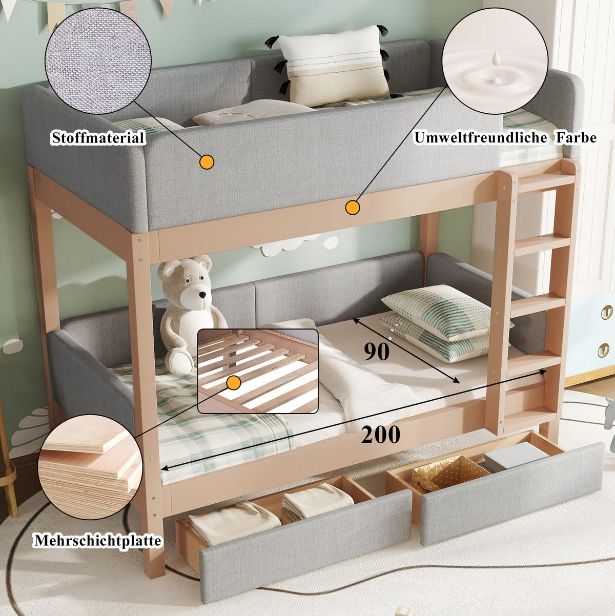 ETAGENBETT aus Kautschukholz und MDF 90x200 cm Grau/Natur mit 2 Schubladen, gerader 4-Stufen-Treppe und Schutzkante - Grau, Holzwerkstoff (90/200cm) - Modfu