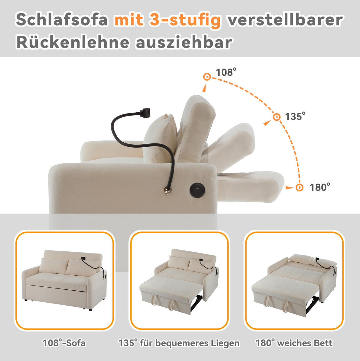 ROZKLÁDACÍ pohovka 129/163/81 cm s nastavitelnou opěrkou zad, USB portem a držákem telefonu, Béžová - béžová, textil (129/81/163cm) - Redom