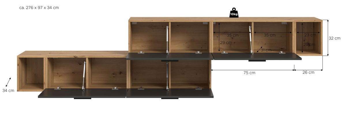 WOHNWAND Primo 2 tlg. (B/H/T: ca. 276/97/34 cm) in Artisan Oak /Basalt grau - Eiche Artisan, Holzwerkstoff (276/97/34cm)