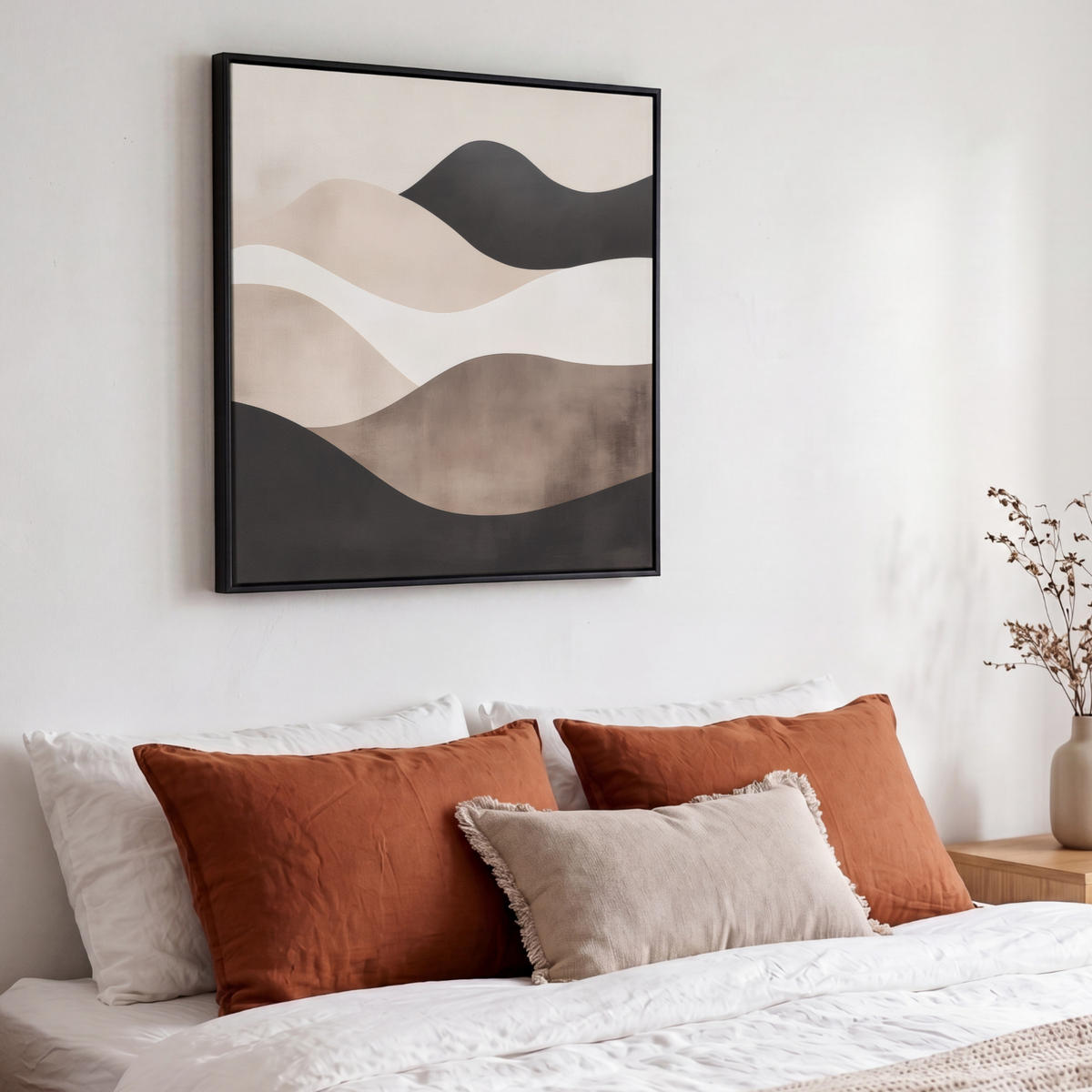 LEINWAND Bilder mit Rahmen - Abstrakt - Landschaft - Wellen - Cremefarben - 50x50 - Cappuccino, Textil (50/50cm) - MuchoWow