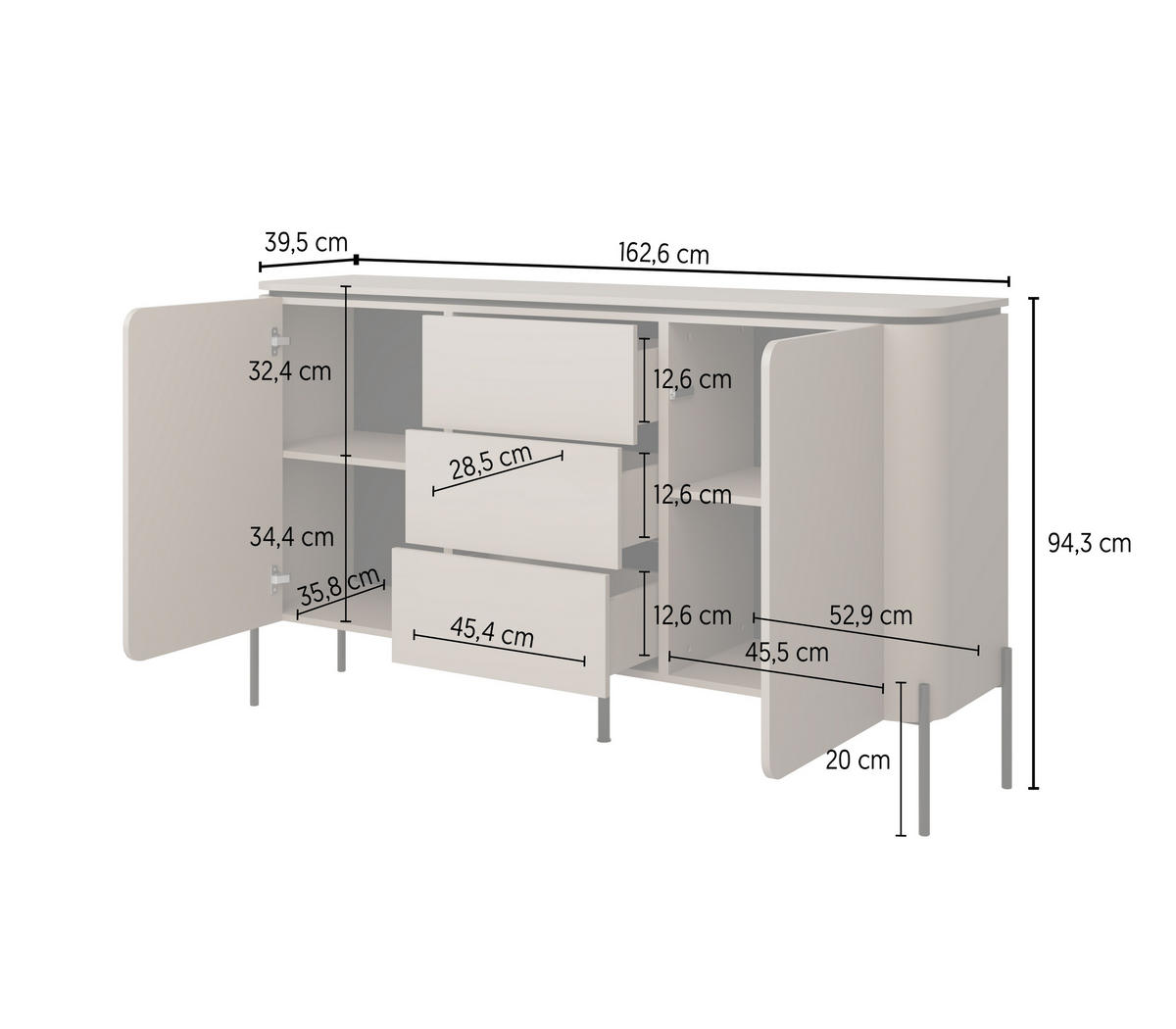 SIDEBOARD BELTA 162,8x39,5x94,3 cm mit 3 Schubladen und 2 Türen Congo - Beige, Holzwerkstoff (162.8/94.3/39.5cm) - MASSENO