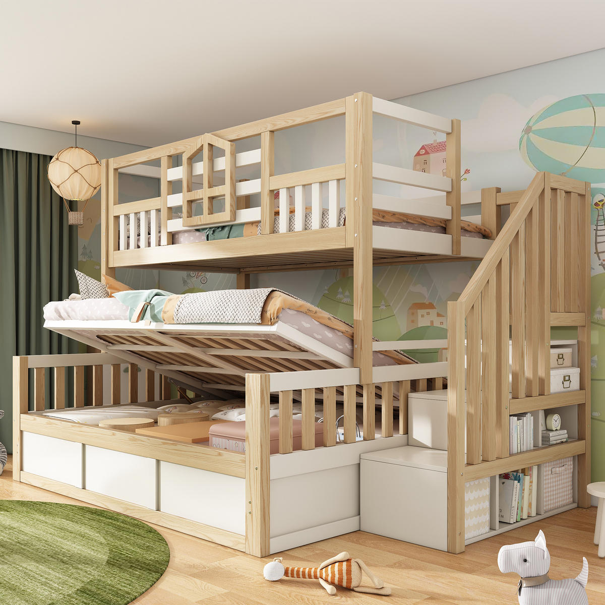 ETAGENBETT 90/200 cm & 140/200 cm in Weiß & Eiche mit Treppe, Stauraum und Sicherheitsgeländer - Weiß/Naturfarben, Holz/Holzwerkstoff (140/200cm) - WISHDOR