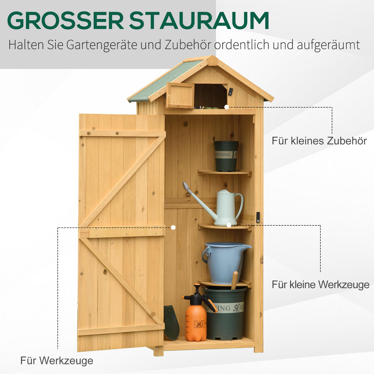 GARTENSCHRANK Geräteschuppen, mit Fachböden, Asphaltdach, Fenster, Holz, Gelb+Grün - Gelb/Grün, Holz (54.2/179/77cm) - Outsunny