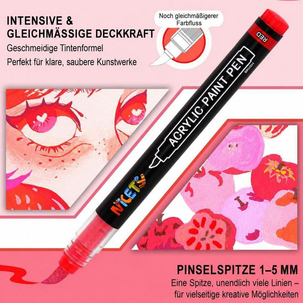 ACRYLSTIFTE 32er Set Pinselspitze Rot Töne Wasserfest - Rot, Kunststoff (3.5/21/14.5cm)