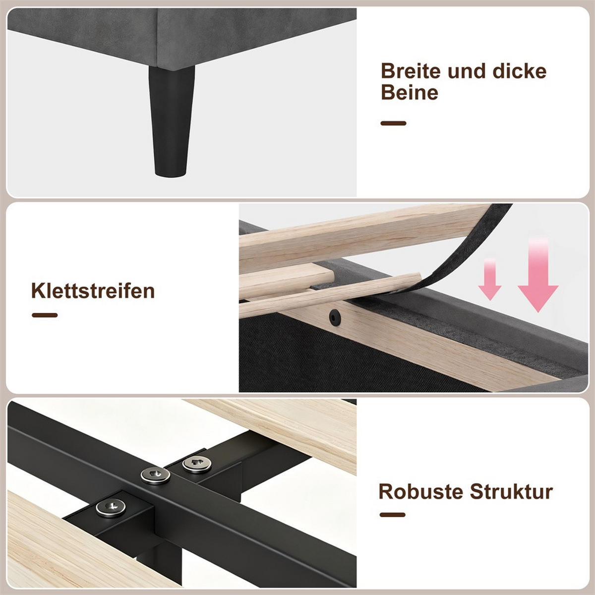 POLSTERBETT 90x200 cm mit Kopfteil-Stauraum - 2 Schubladen - USB Type-C & LED - ohne Matratze - Grau - Grau, Textil (90/200cm) - DELFA