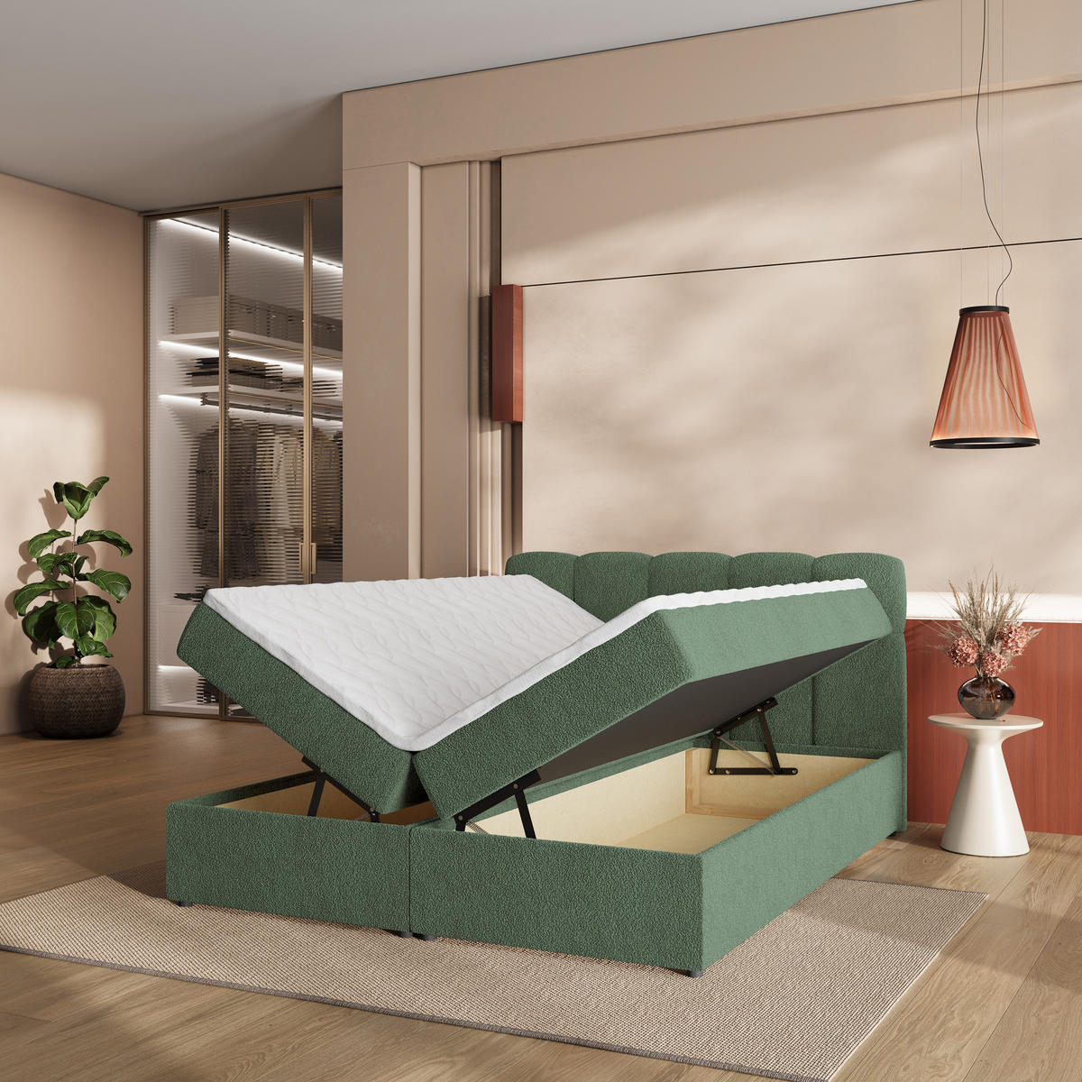 BOXBETT MERU 180x200 cm mit Matratze und Topper - Grün - Grün, Holz (180/200cm) - MASSENO