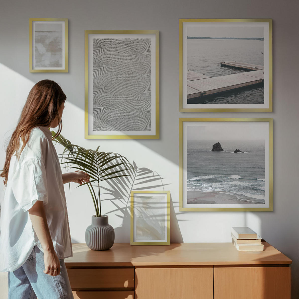 WANDBILDER 5er Set - 50x50 cm & 20x30 cm & 40x60 cm Goldrahmen - Abstraktes Design, moderne Texturen - Goldfarben, Kunststoff (40/60cm) - ArtPrintCave
