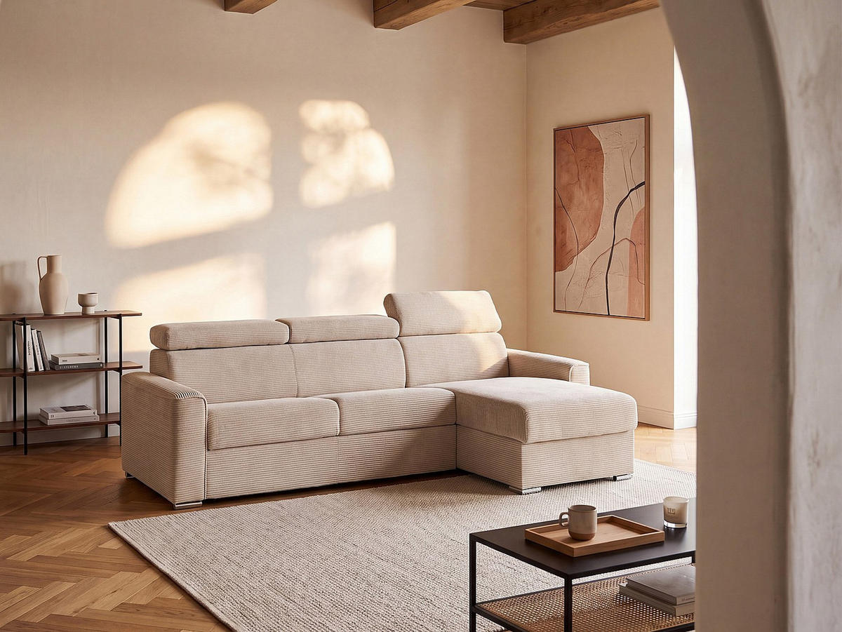 SCHLAFSOFA - 5 Personen - samt - beige Vizir - Beige, Textil (302/110/223cm) - Vente-Unique
