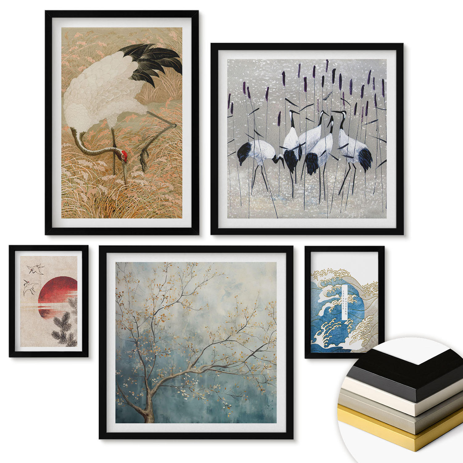 WANDBILDER 5er-Set - 50x50 cm & 20x30 cm & 40x60 cm Schwarzer Rahmen - Japanische Kraniche Landschaft - Schwarz, Kunststoff (40/60cm) - ArtPrintCave