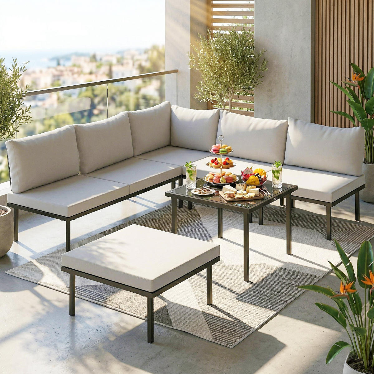 LOUNGEGARNITUR DE-13539 6-sitzig modulbar, mit Glastisch Hellgrau - Hellgrau, Metall - ComfortXL