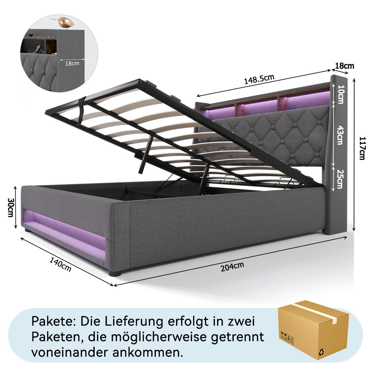 POLSTERBETT 140x190 cm mit LED, USB C, Hydraulische Bett mit Stauraum und Kopfteil, Stauraumbett Bettgestell mit Metallrahmen, Leinen, Grau - Grau, Metall