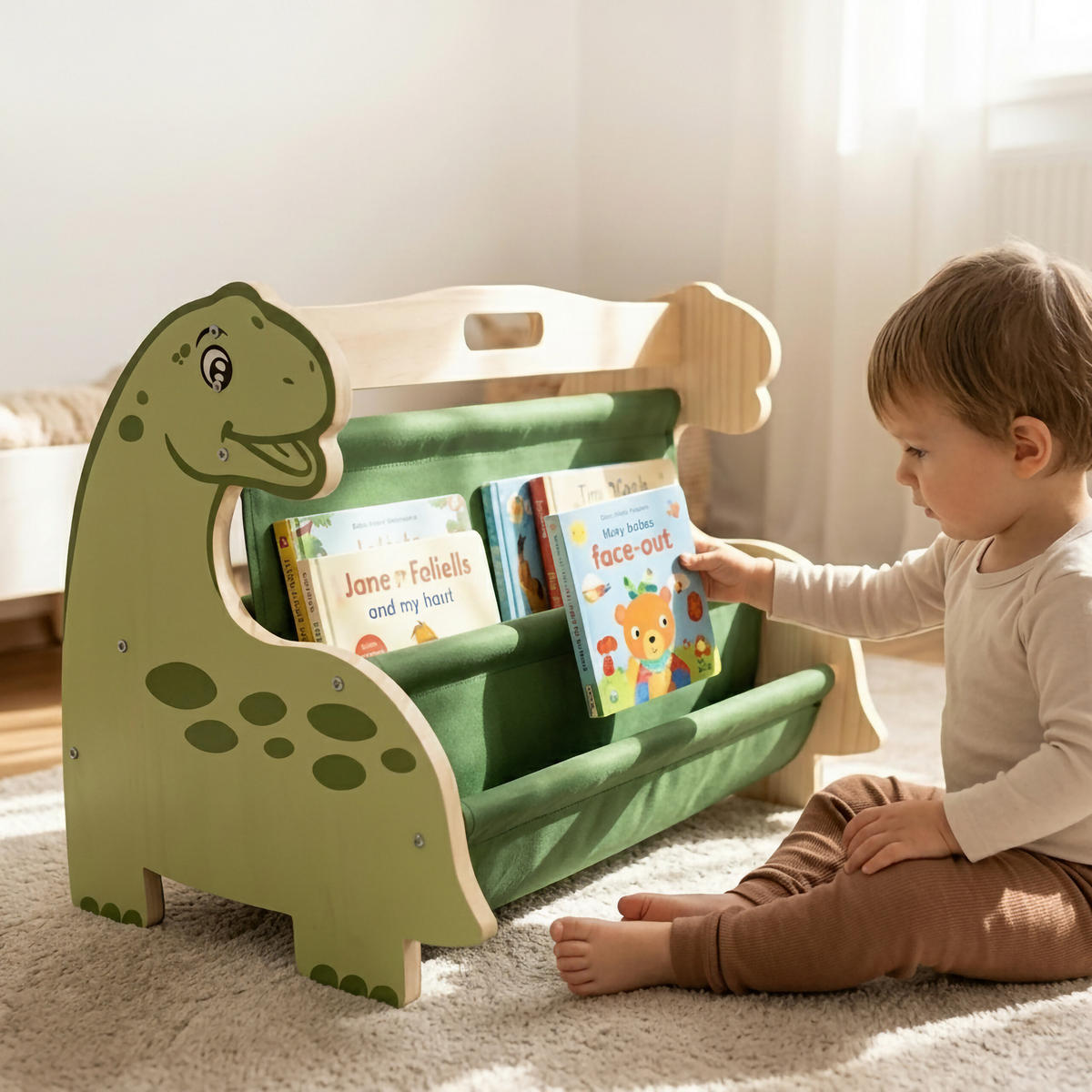 KINDERBÜCHERREGAL Weiß Natur 4 Stofffächer Dino - Multicolor, Holz/Textil (44/34/31cm) - Relaxdays