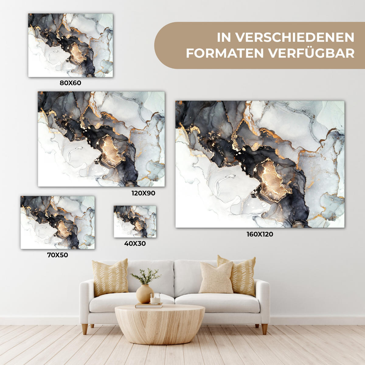 LEINWANDBILD Marmor - Schwarz - Weiß - Gold - Luxus - Abstrakt Wandbilder 80x60 cm - Goldfarben, Textil (80/60cm) - MuchoWow