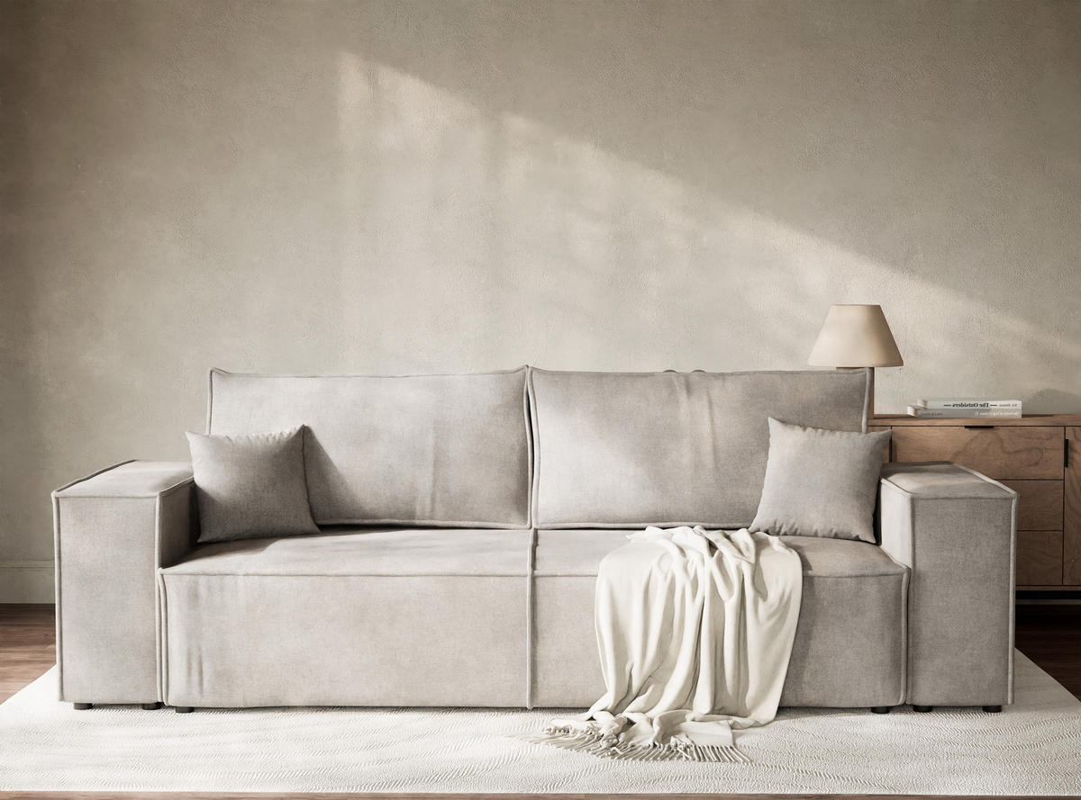 SOFA MIT SCHLAFFUNKTION Milos Grau Beige Webstoff - Beige/Schwarz, Holz/Holzwerkstoff (255/70/105cm) - Maison de Reve