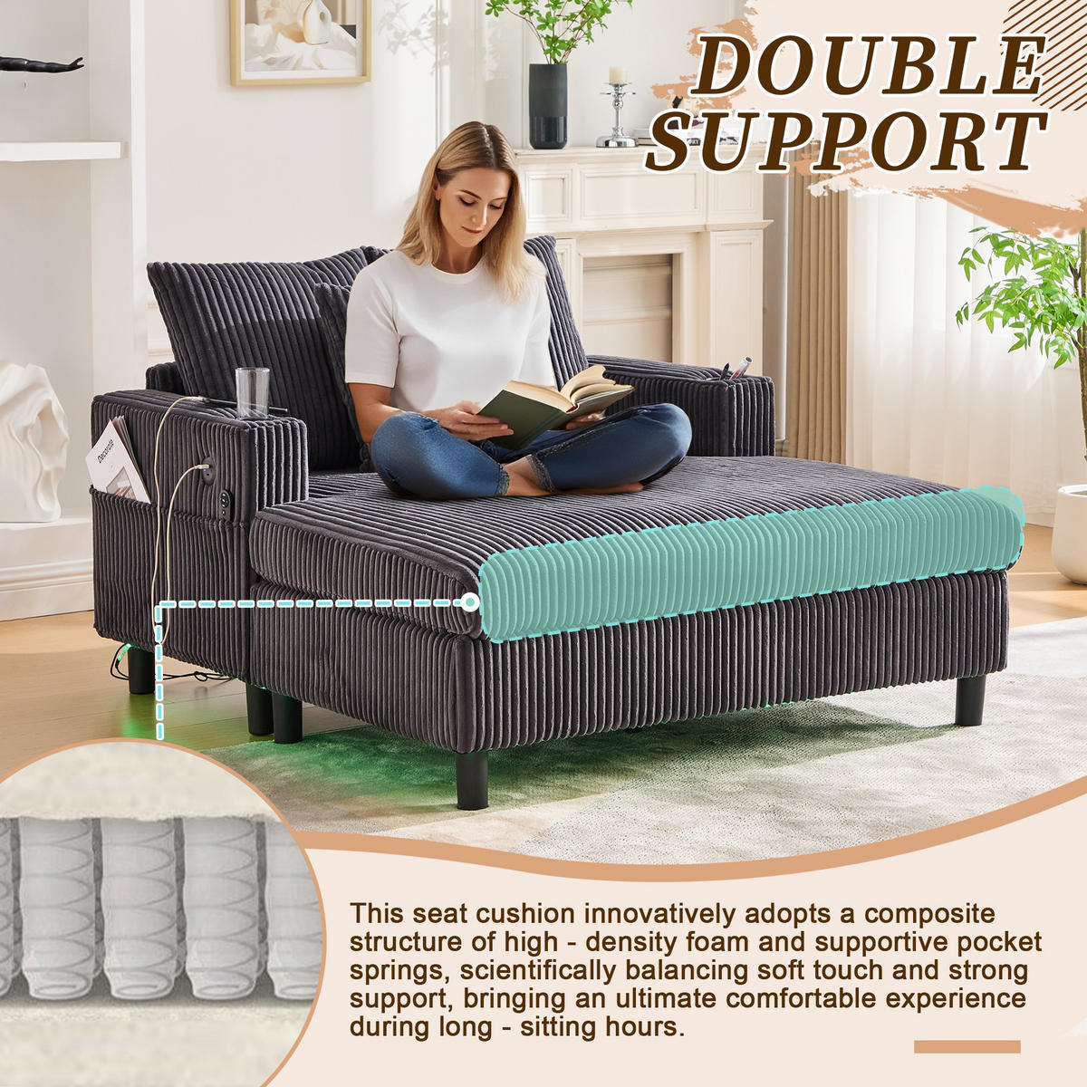 RELAXLIEGE XXL Polsterliege,Relaxsessel,3 Zierkissen,Cord,Grau - Grau, Textil (128/85/142cm) - LVHOM