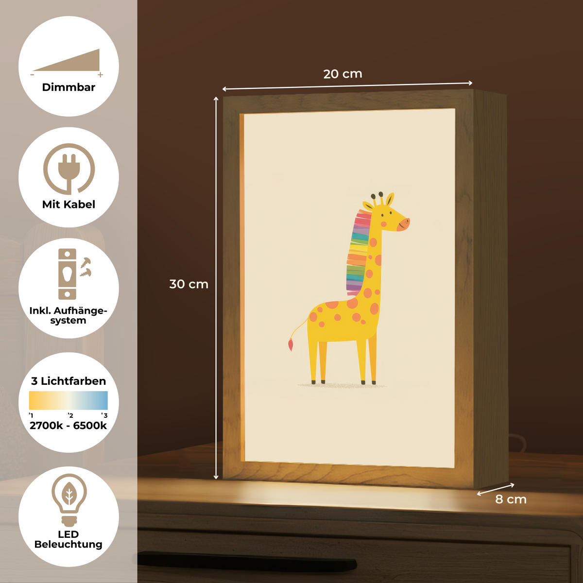 NACHTTISCHLAMPE Giraffe - Regenbogenmähne - Beige 20x30 cm - Beige, Holzwerkstoff (8/20/30cm)