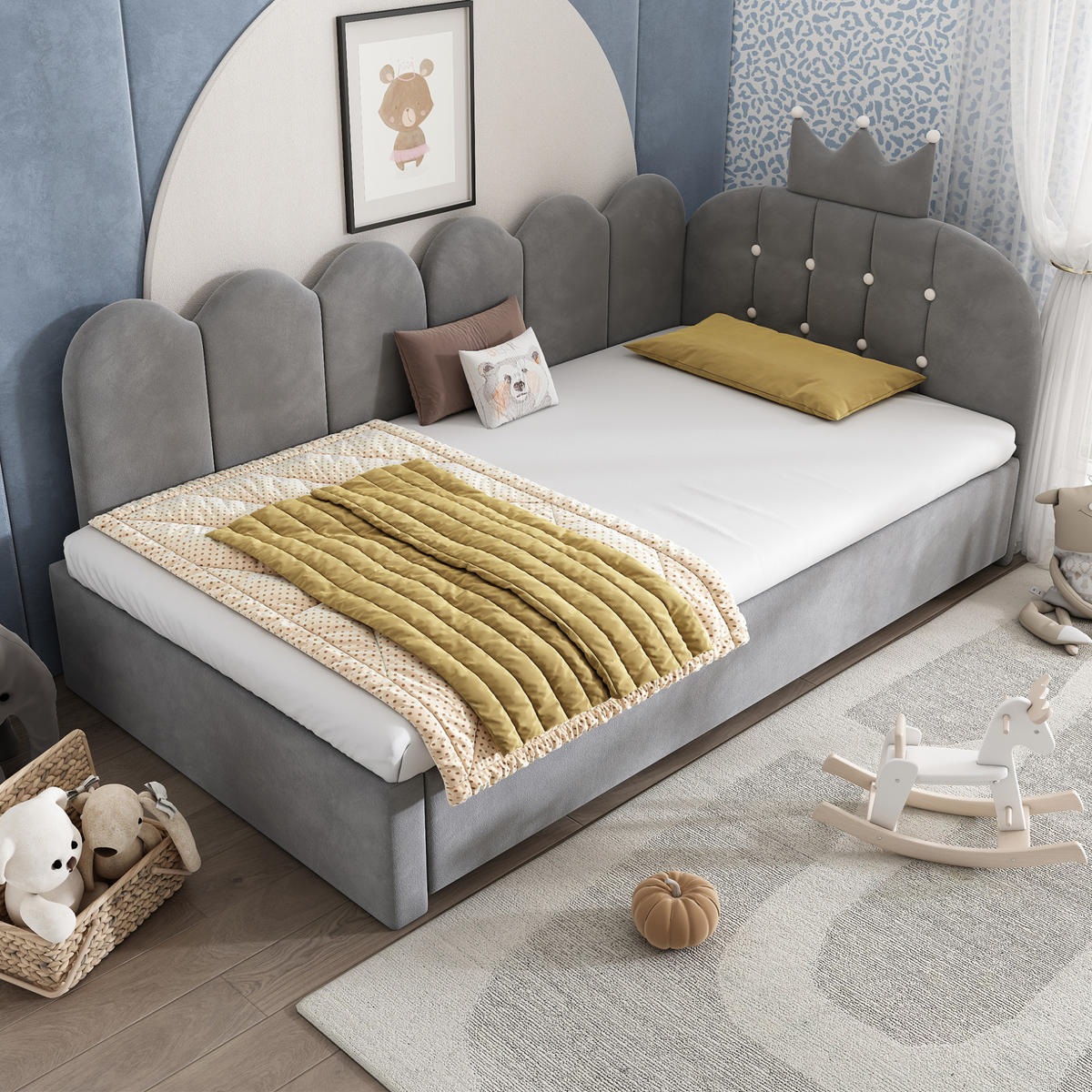 POSTEĽ s výsuvným lôžkom 90/200 cm sivá zo zamatu s korunovým a mriežkovým čelom - sivá, textil (90/200cm) - OKWISH