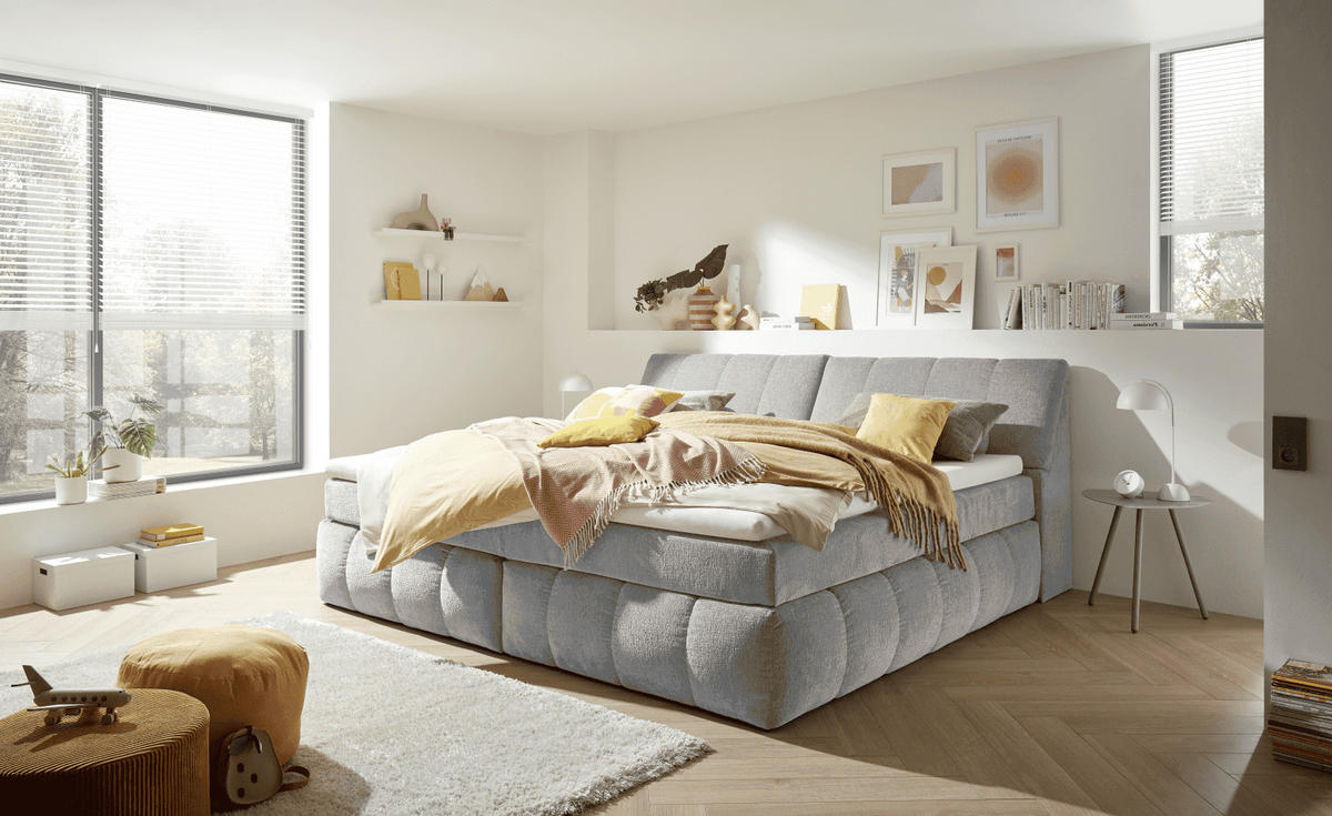 BOXSPRINGBETT XXL 240x200 – 7‑Zonen-Tonnentaschenfederkern, H2, Topper, Unterbox & Bettkasten - Silberfarben/Hellgrau, Holz/Kunststoff (200/240cm) - ed exciting design