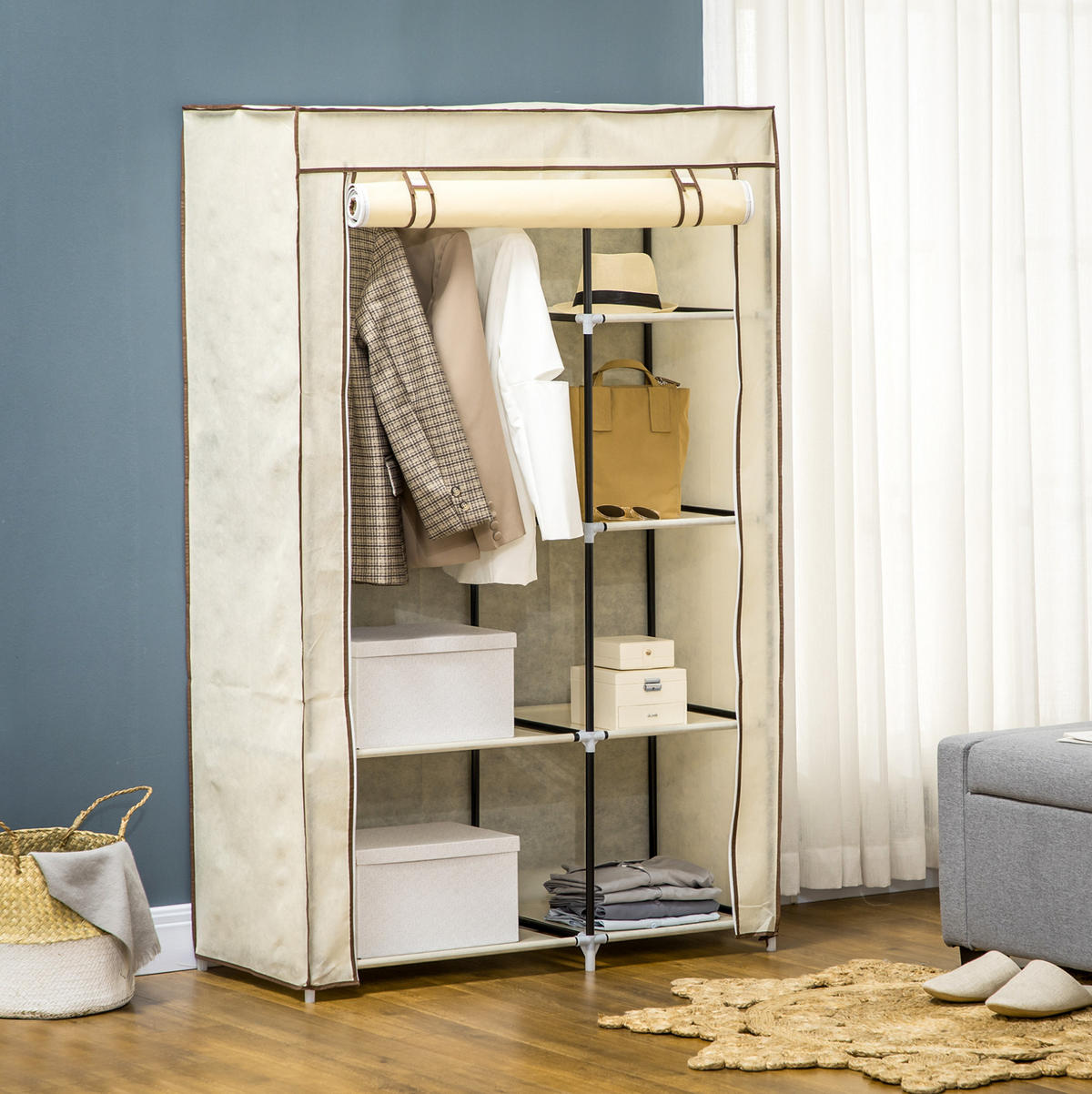 KLEIDERSCHRANK 103/162,5/43 cm Creme aus Stahl mit 6 Fächern - Creme, Metall (43/162.5/103cm) - OKMYHOME