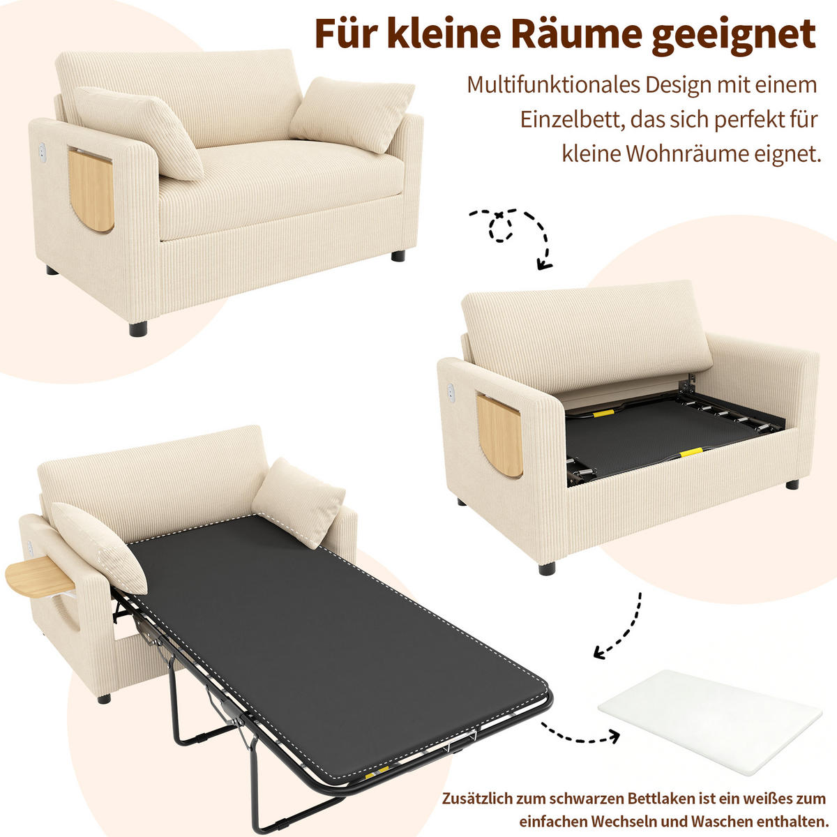 SCHLAFSOFA 2-Sitzer ausziehbar mit USB und Seitentisch, Beige - Beige, Textil (134/84/82cm)
