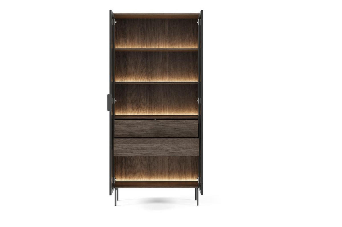 VITRINE Ilumi Eiche Dunin, Zweitürige Hochvitrine - Eichefarben/Schwarz, Holzwerkstoff/Metall (92/195/39cm) - Bettso