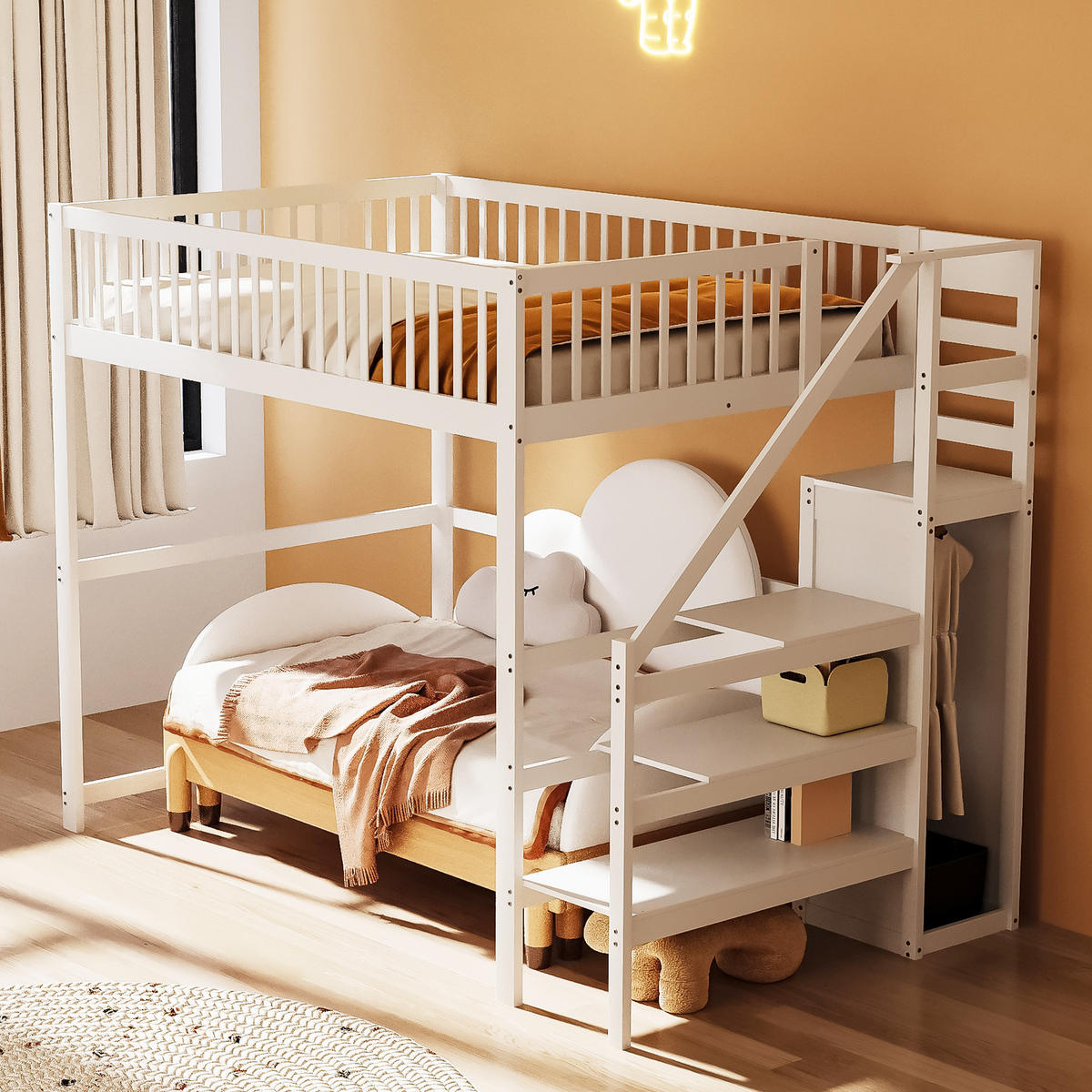 HOCHBETT 140x200 Weiß Holz Treppe Regal Kleiderschrank - Weiß, Holz (140/200cm) - FLIEKS