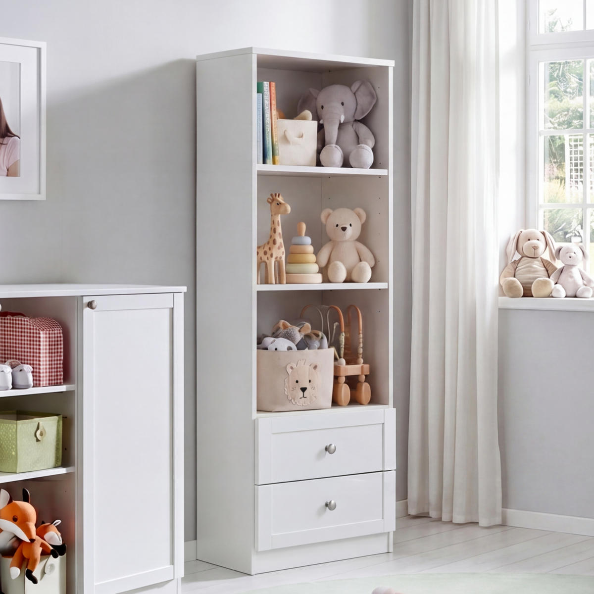 BABYZIMMER-ZUBEHÖR: Standregal mit Schubladen B46/H135/T40 cm, Landhausstil Weiß / 22800-04 - Silberfarben/Weiß, Holzwerkstoff/Metall (46/135/40cm) - luma-home