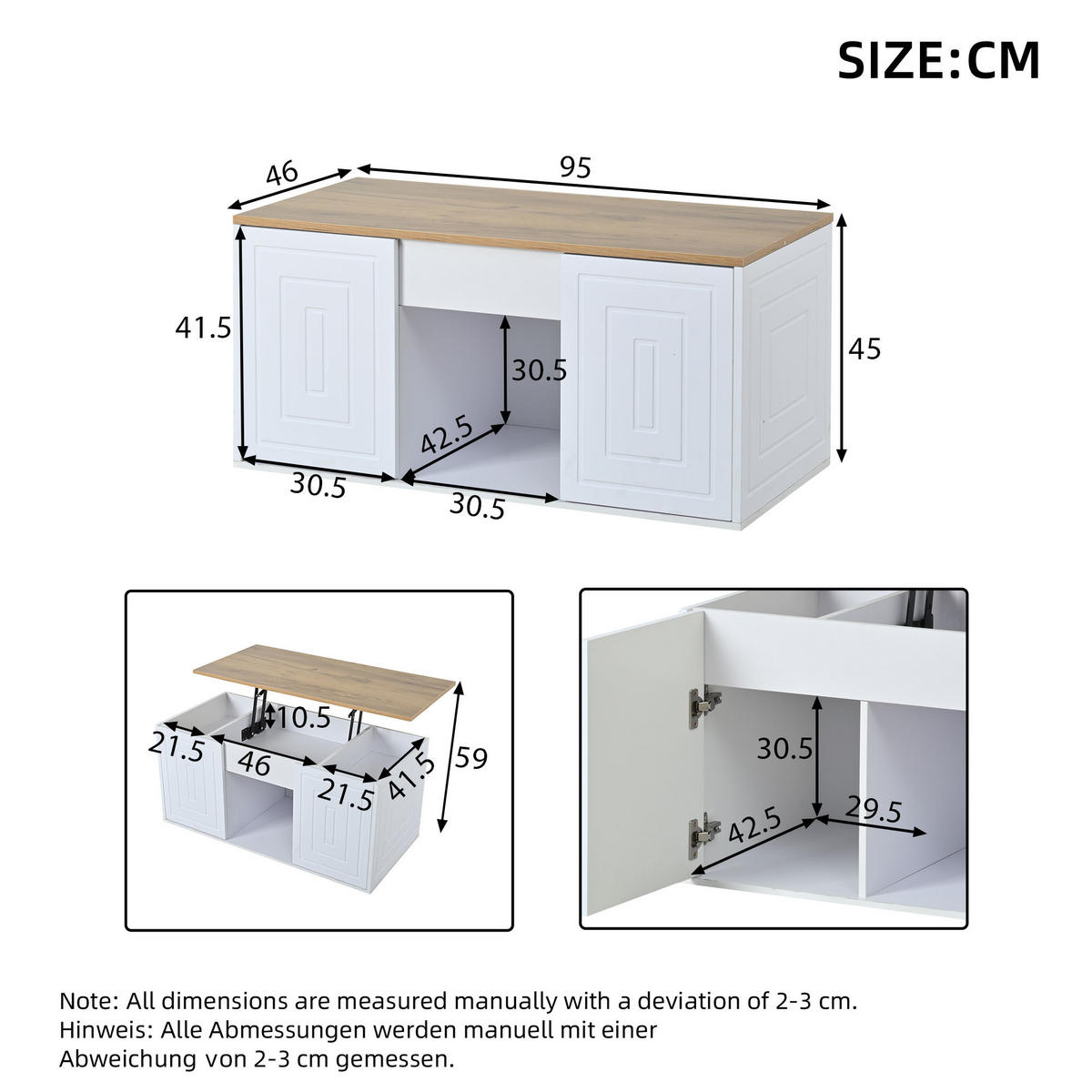 COUCHTISCH Höhenverstellbarer Multifunktionstisch mit Stauraum, Rillen-Design, Doppeltür-Schrank, Holz/Weiß - Weiß, Holzwerkstoff (95/46/45cm) - EVRYAE