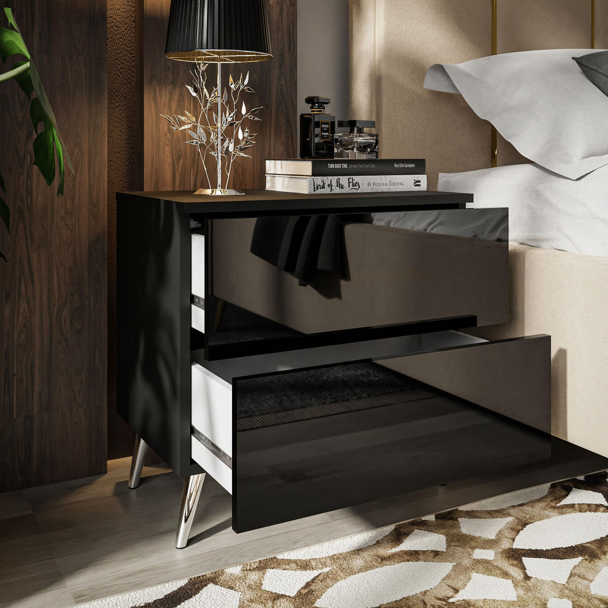 NACHTTISCH AURA PUSH OPEN mit Chrombeinen - Schwarz, Holzwerkstoff (55/55/37cm) - Lookway