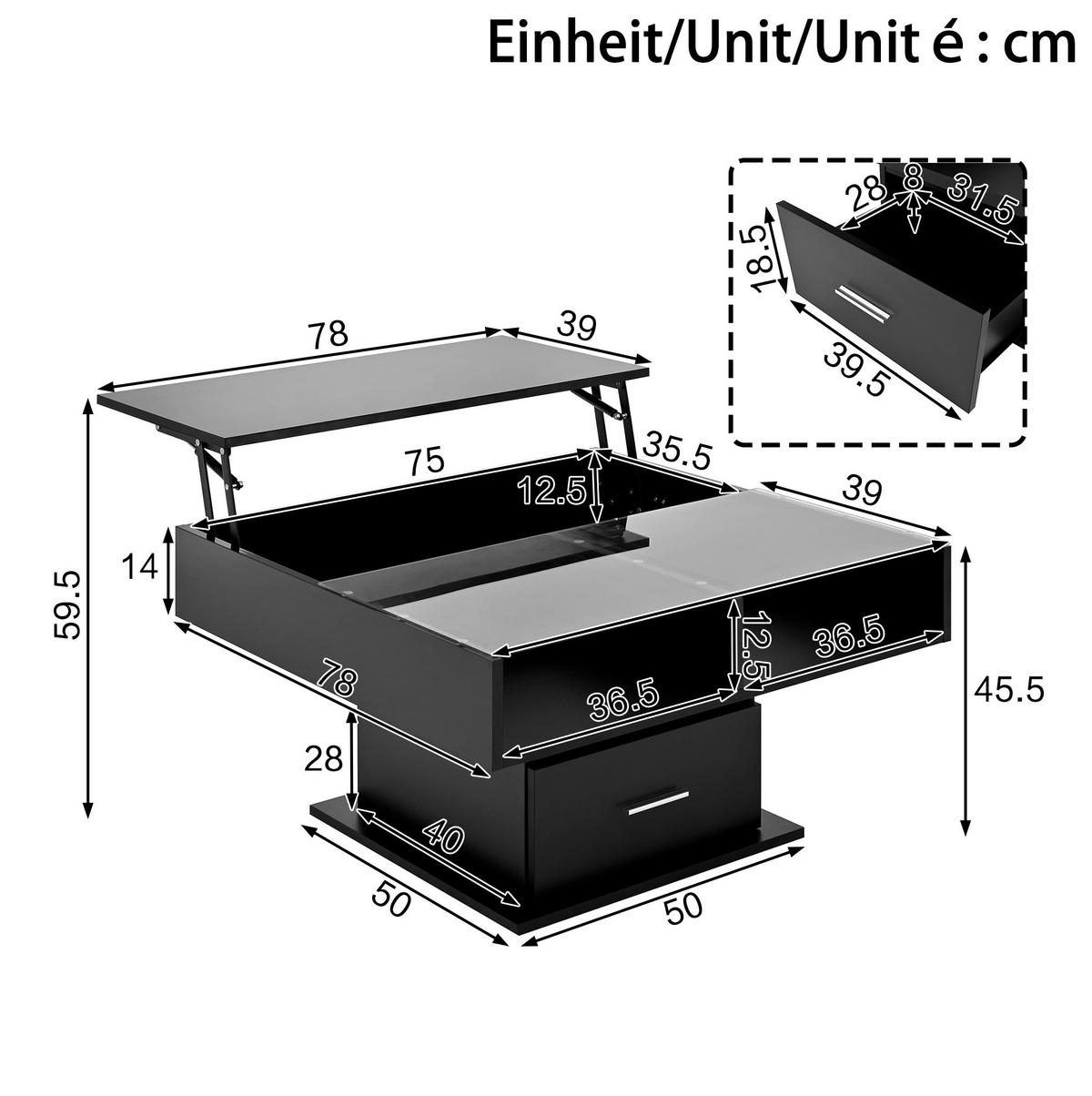 COUCHTISCH 78/78/45,5-59,5 cm mit LED-Beleuchtung und höhenverstellbarer Platte - Schwarz, Holzwerkstoff (78/78/59.5cm) - Flora Grace