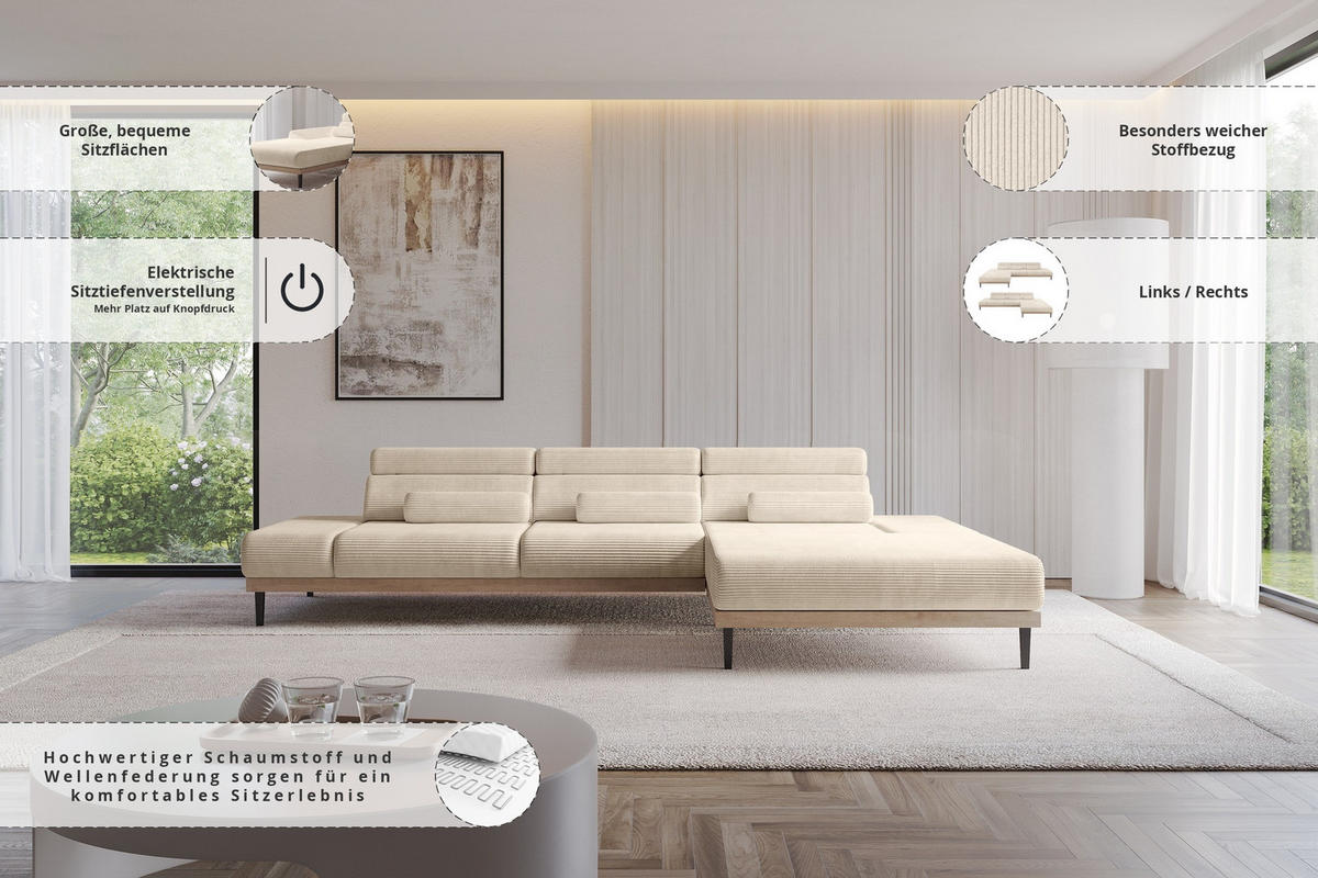 ELEKTRISCHES ECKSOFA Rechts MONA 316x205x85 Beige Cord - Sandfarben/Beige, Holzwerkstoff/Textil (316/205cm) - ALTDECOR