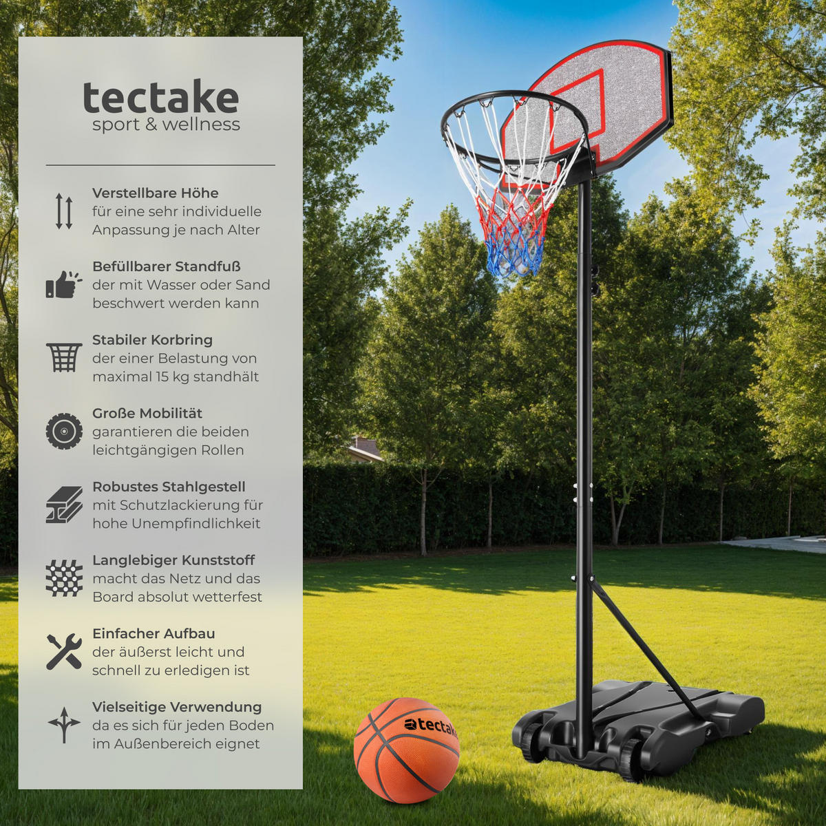 BASKETBALLKORB Harlem,rollbar,schwarz - Schwarz, Metall (71/122cm) - tectake