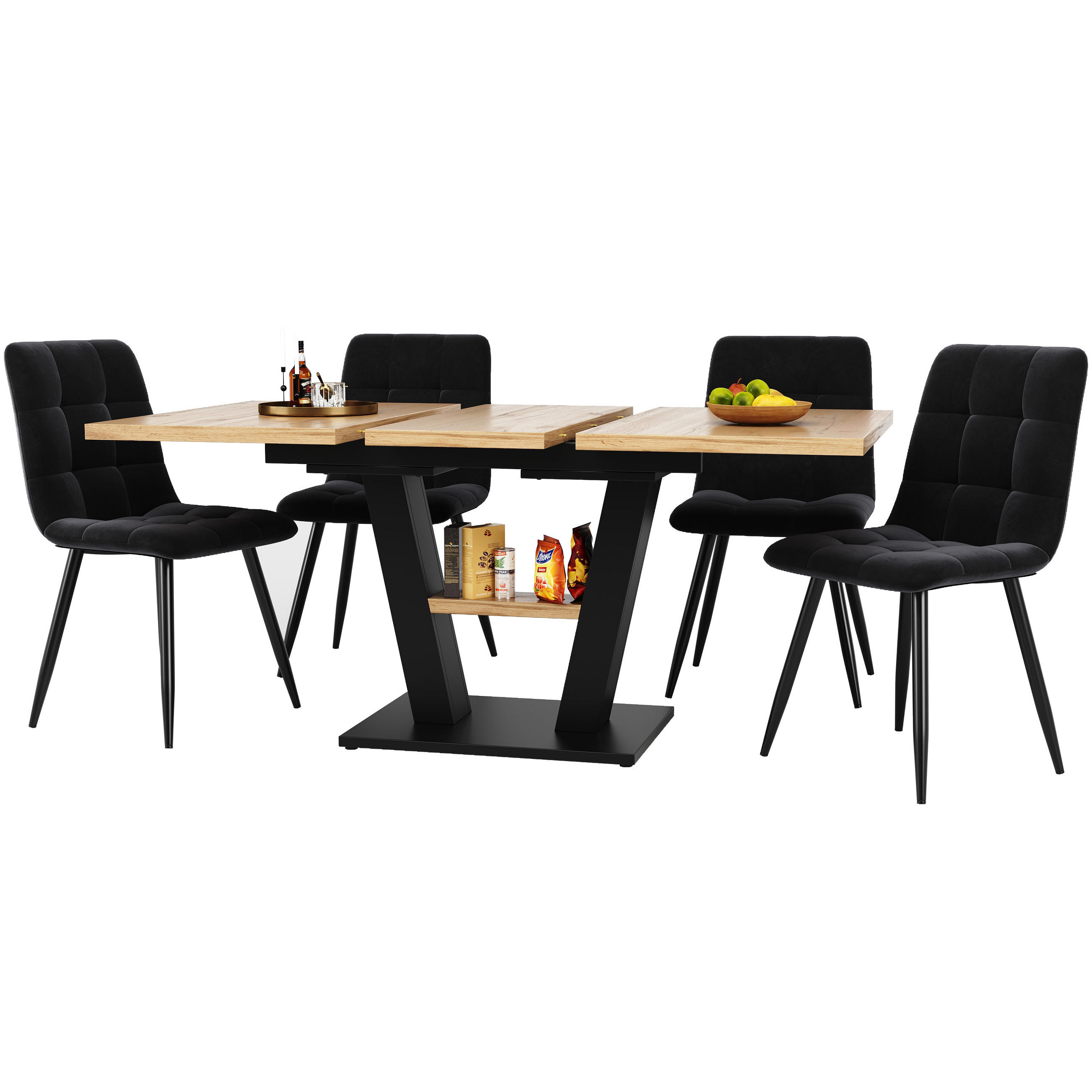 ESSTISCHSET 5-Teilig Ausziehbar 118-157x70 Cm, 4 Samtstühle, V-Beine - Multicolor, Holzwerkstoff (70/75/160cm) - FLIEKS