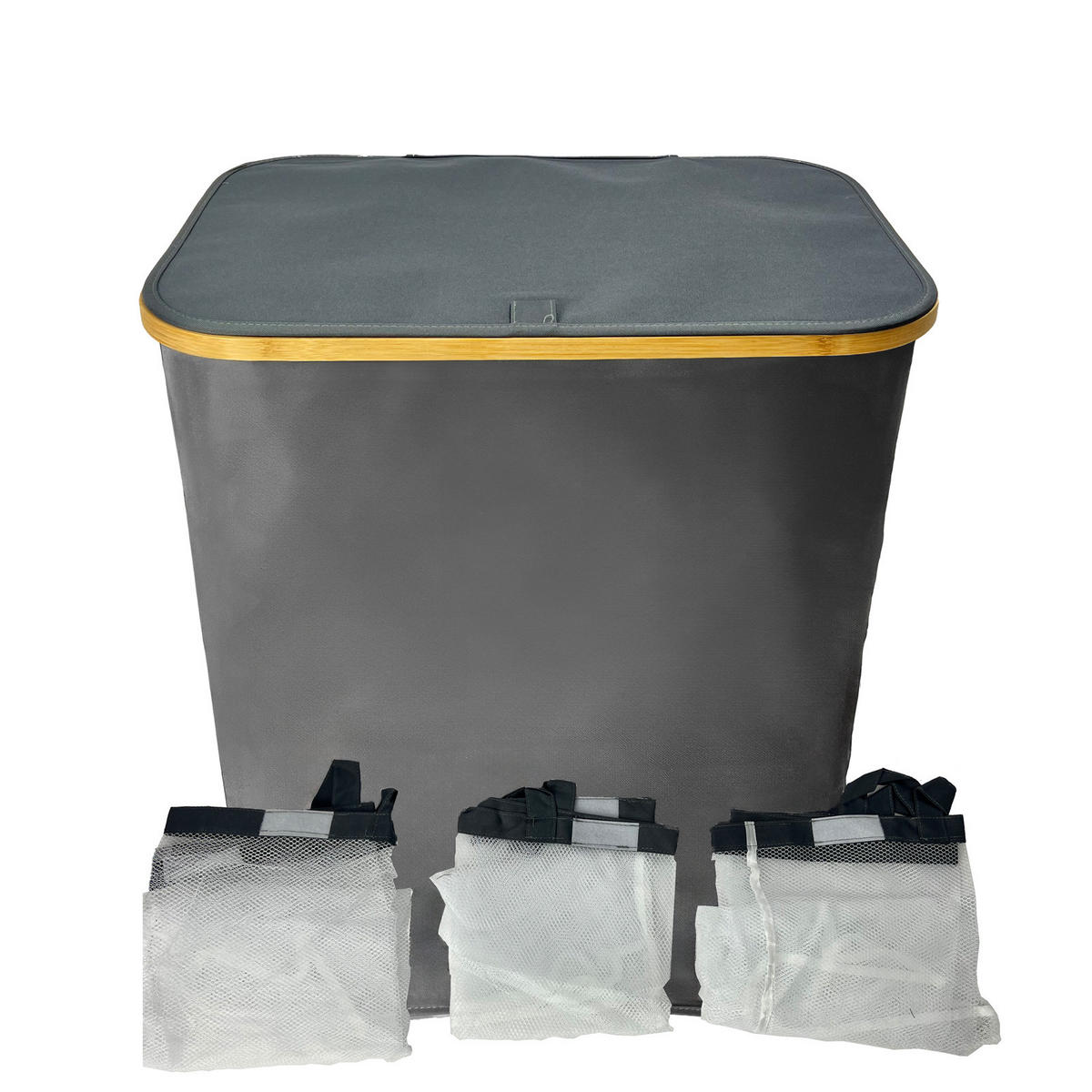 WÄSCHEKORB Bambus Textil Anthrazit mit 3 Fächern 57×37×67 cm - Anthrazit/Naturfarben, Holz/Textil (57/67/37cm) - Begryf