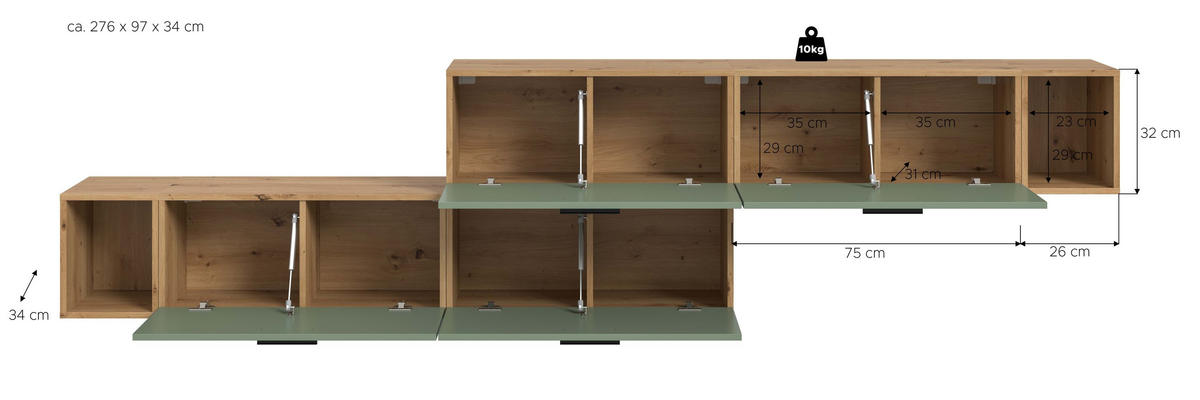 WOHNWAND Primo 2 tlg. (B/H/T: ca. 276/97/34 cm) in Artisan Oak /Smoke Green - Eiche Artisan, Holzwerkstoff (276/97/34cm)