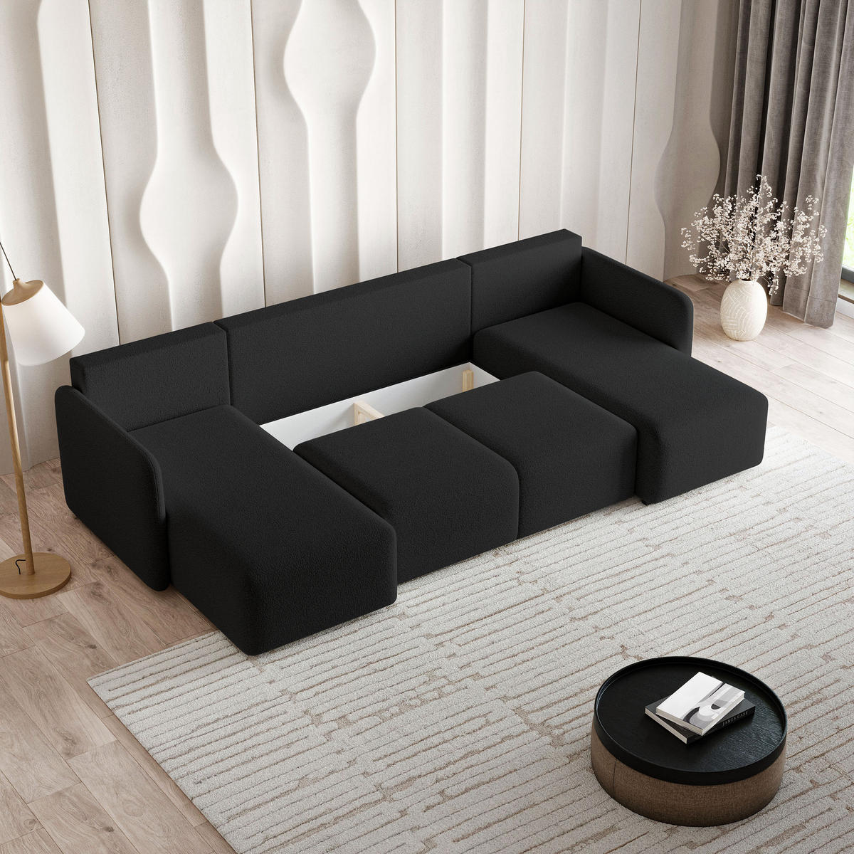 WOHNLANDSCHAFT NUBERO Schwarz Boucle-Stoff mit Schlaffunktion - Schwarz, Holz (285/85/143cm) - MASSENO