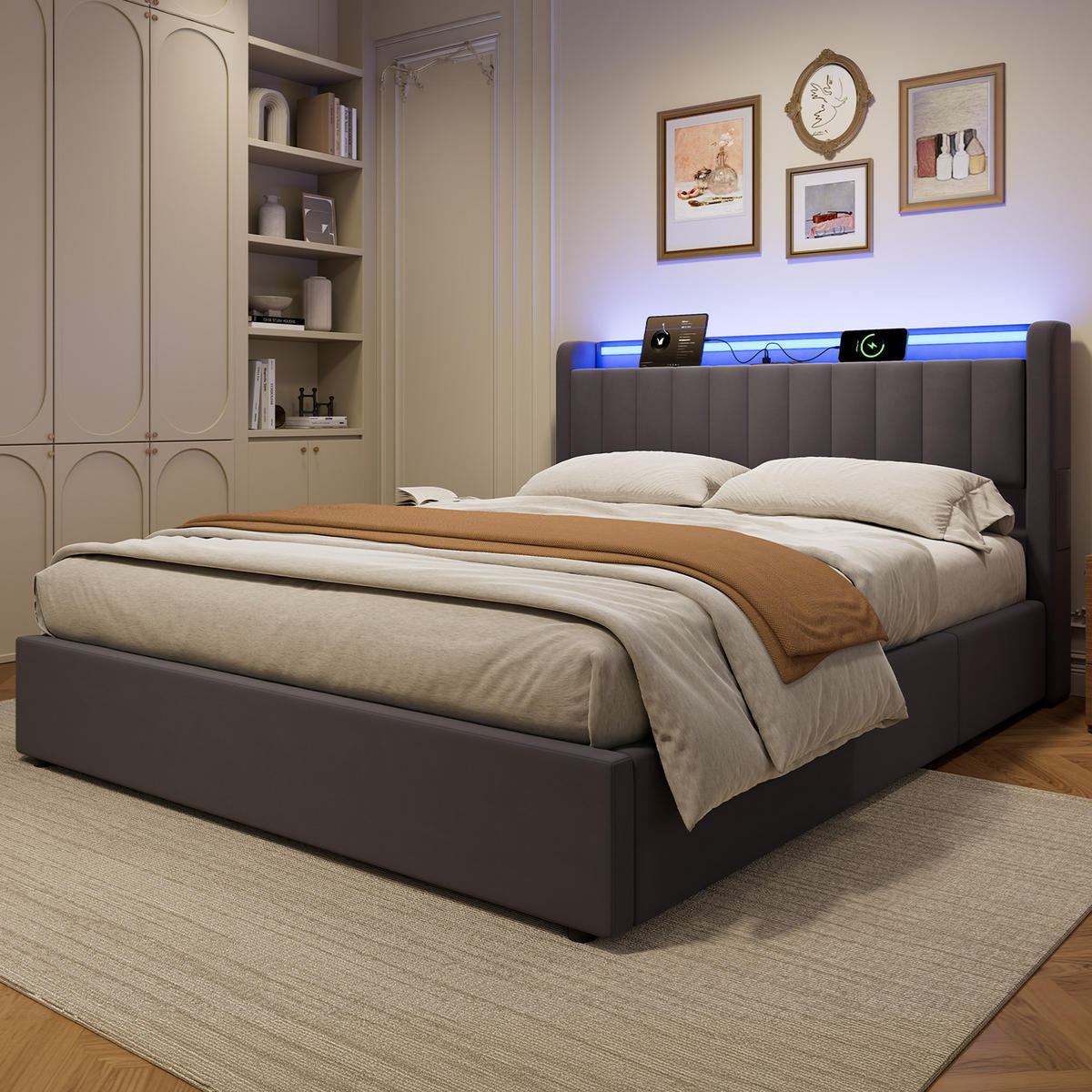 POLSTERBETT 160/200 cm in Dunkelgrau Samt mit Bettkasten und gepolstertes Kopfteil - Dunkelgrau, Holzwerkstoff/Textil (160/200cm) - CHICFURN