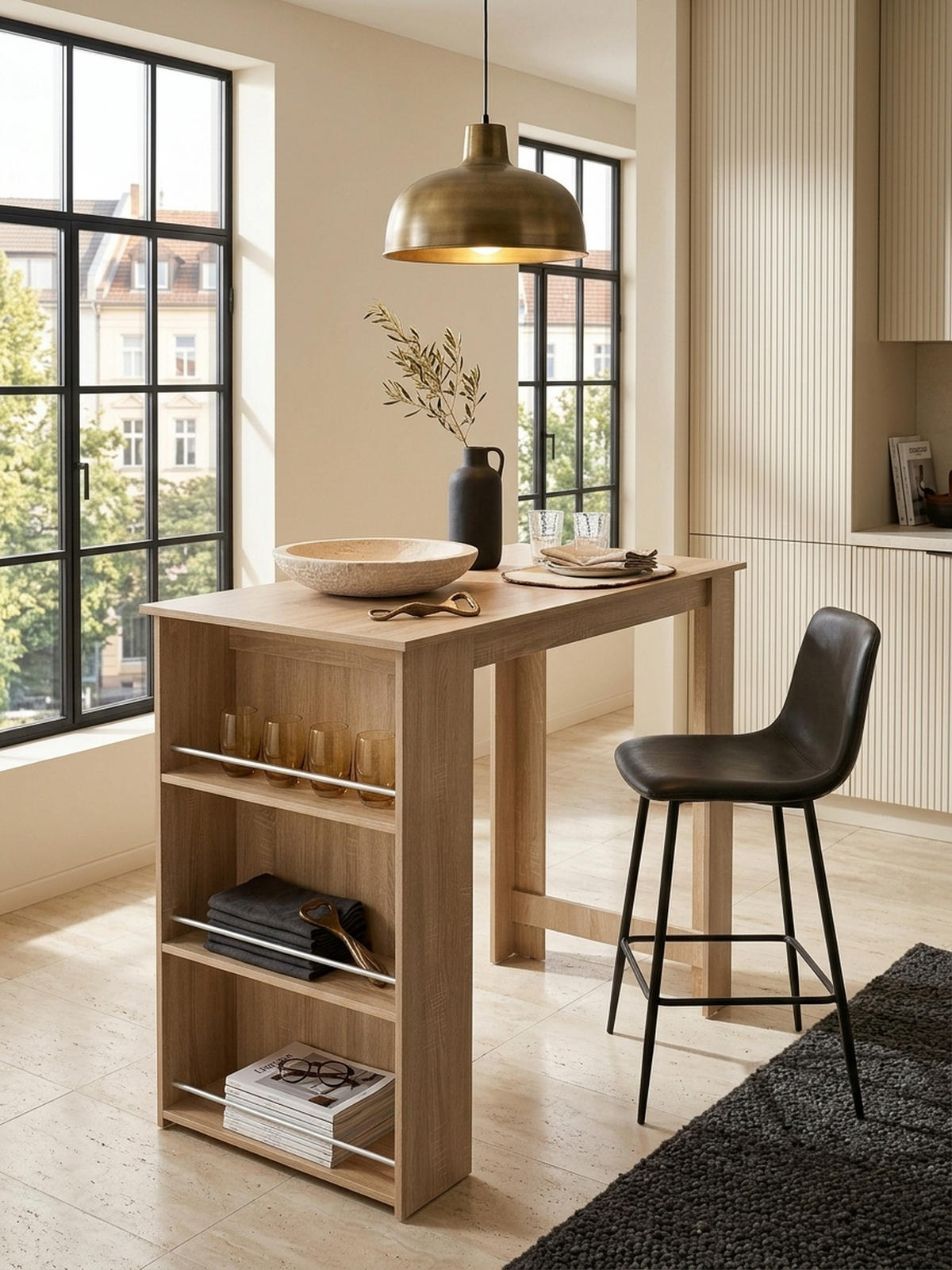 KÜCHENTRESEN GANDER Edelstahl 3 Fächer Ablage, Beige 120x60x107 cm - Beige, Holz/Metall (60/120/107cm) - KADIMA DESIGN