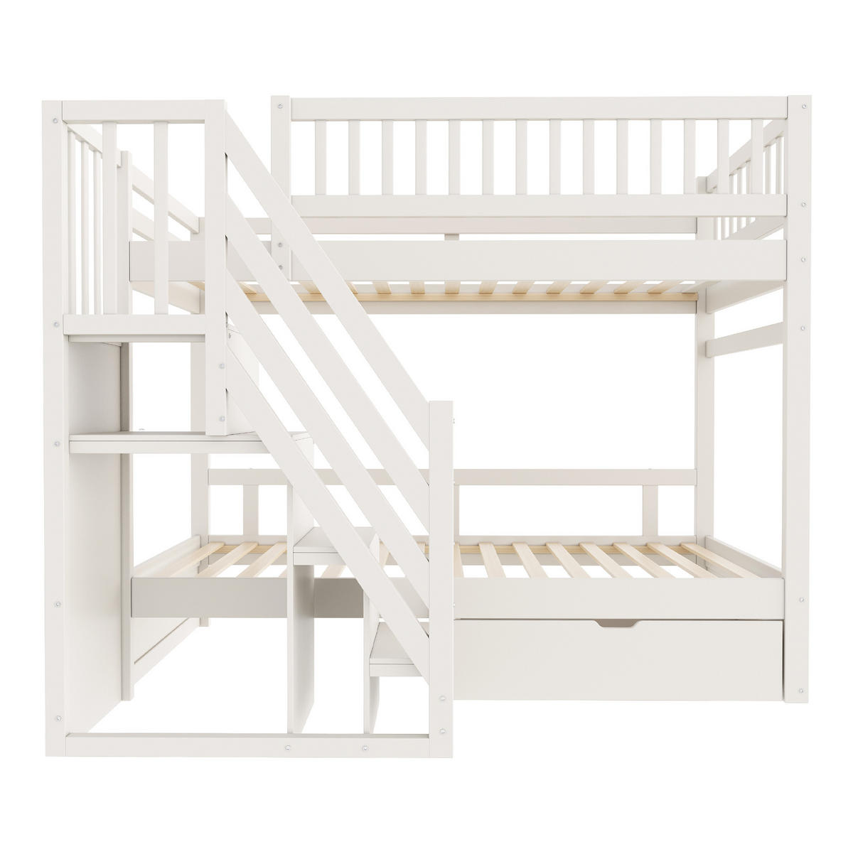 ETAGENBETT aus Kiefernholz 90x200 cm Weiß mit Stauraumtreppe und Stauschublade - Weiß, Holzwerkstoff (90/200cm) - IVMEU