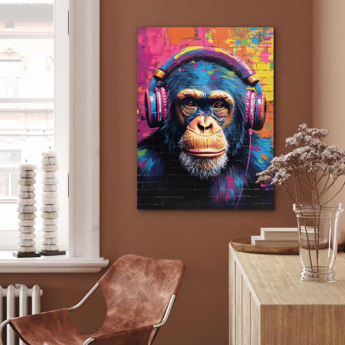 KOVOVÝ OBRAZ Graffiti - Šimpanz - Street art - Slúchadlá - Opica 60x80 cm - modrá, kov (60/80cm) - MuchoWow