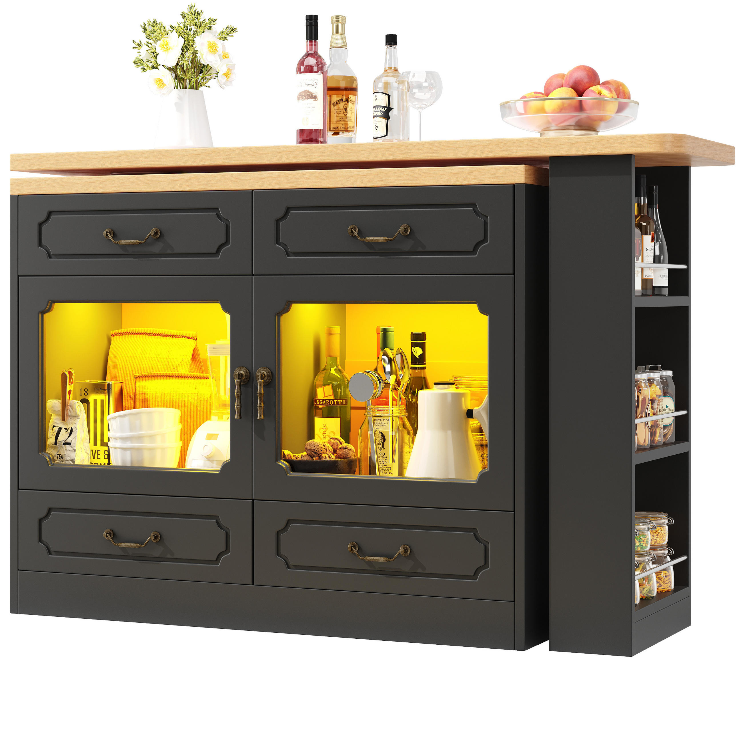 ESSZIMMERSCHRANK aus MDF 135-203x39x92,8cm in Schwarz mit LED - Schwarz, Holzwerkstoff (39/92.8/203cm) - Modfu