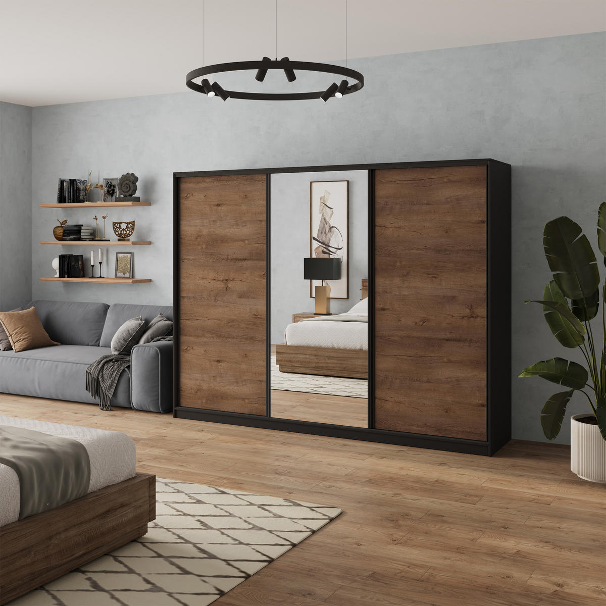 SCHWEBETÜRENSCHRANK SORE 235/205/58 cm 3-türig mit Spiegel und Schubladen Schwarz / Eiche Lefkas - Eichefarben/Schwarz, Holzwerkstoff (235/205/58cm) - MASSENO