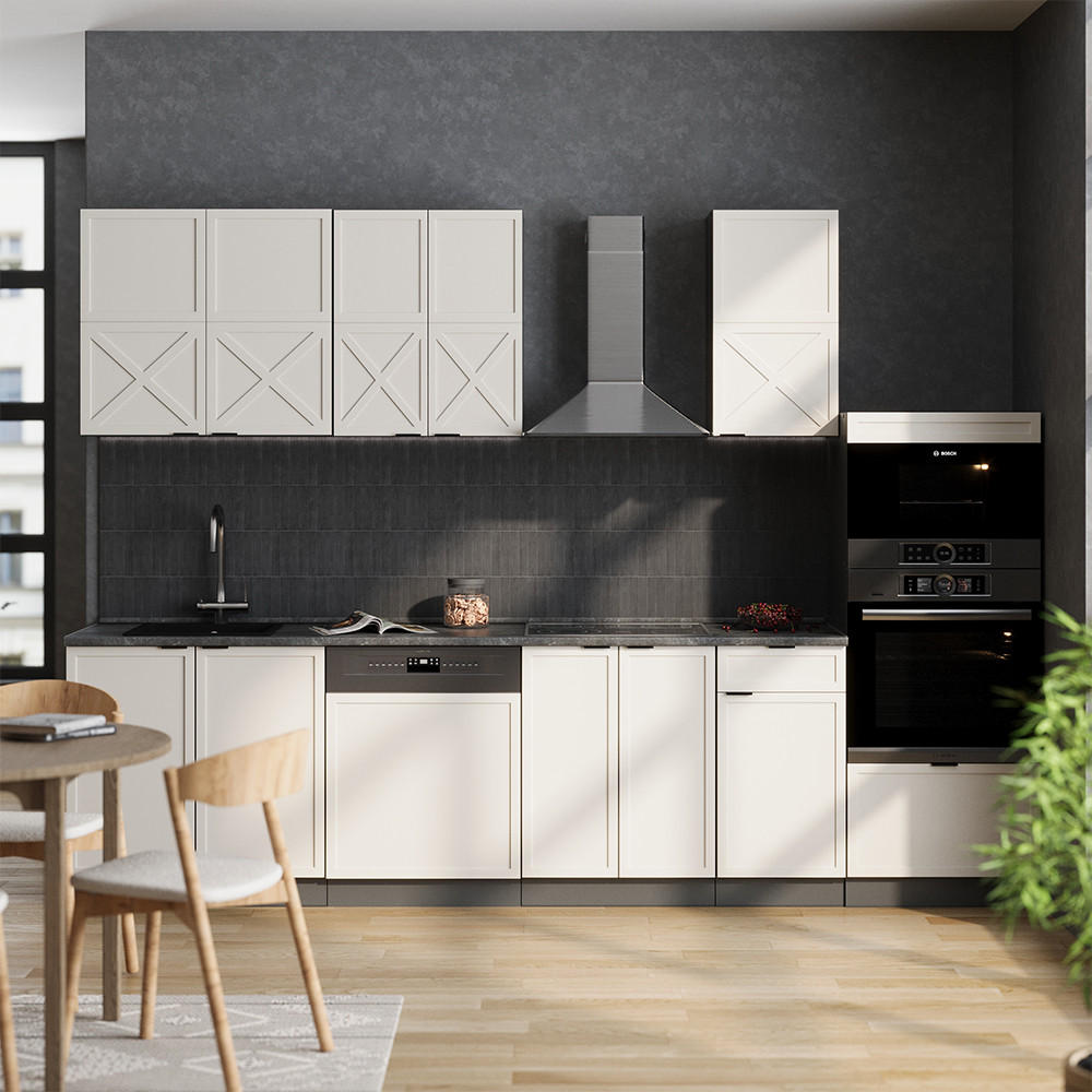 KÜCHENZEILE Fame-Line GrauBeige/Anthrazit 300 cm mit Hochschrank ohne AP - Anthrazit/Grau, Holzwerkstoff (300/81.6/46cm) - Vicco