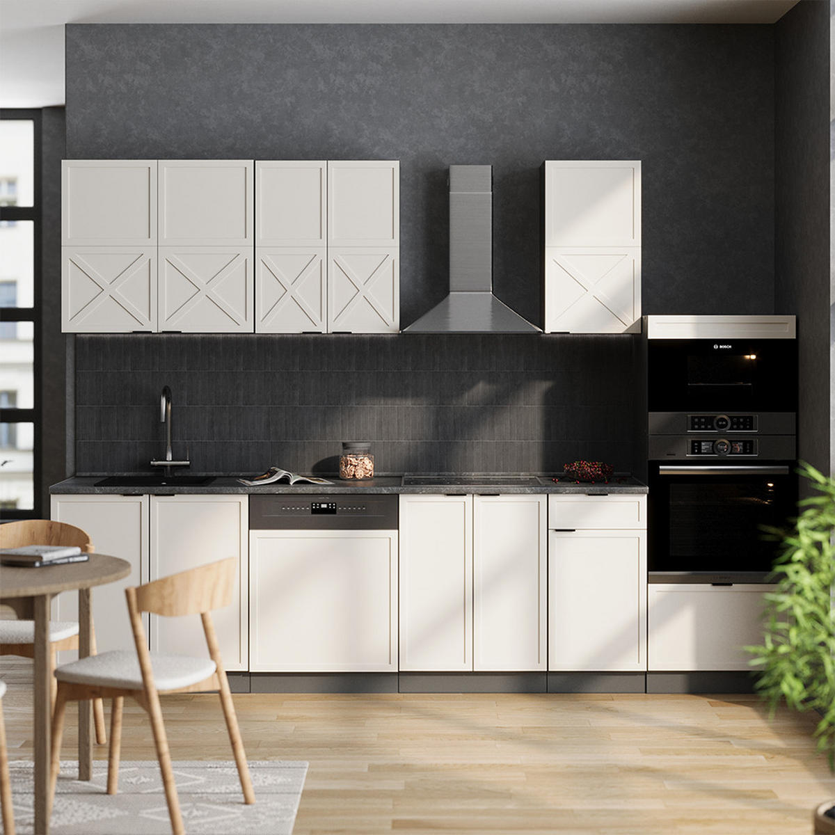 KÜCHENZEILE Fame-Line GrauBeige/Anthrazit 300 cm mit Hochschrank ohne AP - Anthrazit/Grau, Holzwerkstoff (300/81.6/46cm) - Vicco