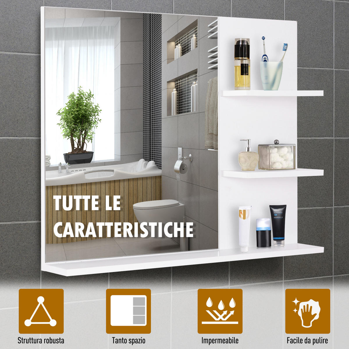 SPIEGELSCHRANK Badezimmer-Wandschrank 60 x 10 x 48 cm ,mit Spiegel und 3 Regalböden, weißer MDF-Wandschrank - Weiß, Glas (60/48/10cm) - Vallsero