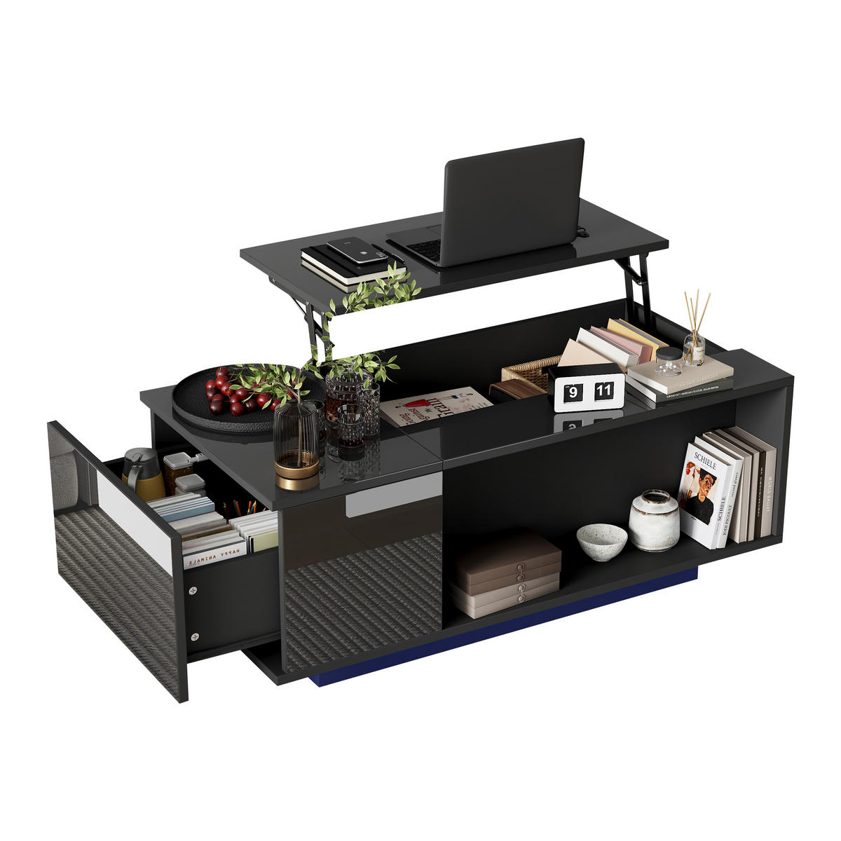 COUCHTISCH Schwarz, 100/50/40 cm mit Hubfunktion, LED und Schublade - Schwarz, Holzwerkstoff (50/100/40cm) - PANGIVO