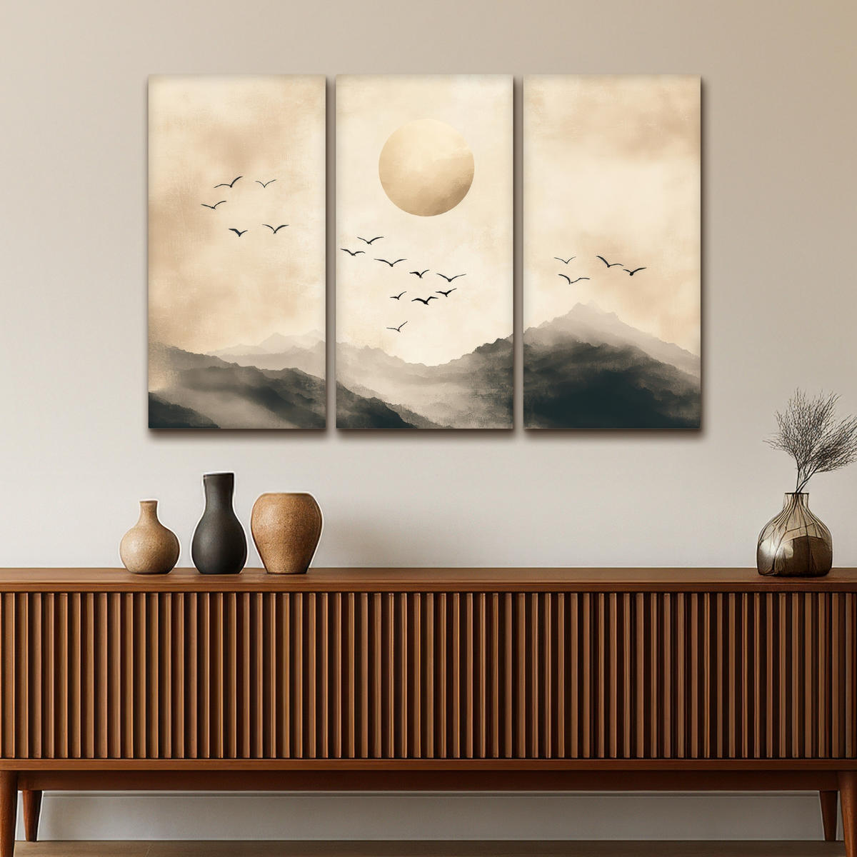 LEINWANDBILD 3er Set Landschaft - Japandi - Beige - Vögel 120x80 cm - Beige, Textil (120/80cm) - MuchoWow